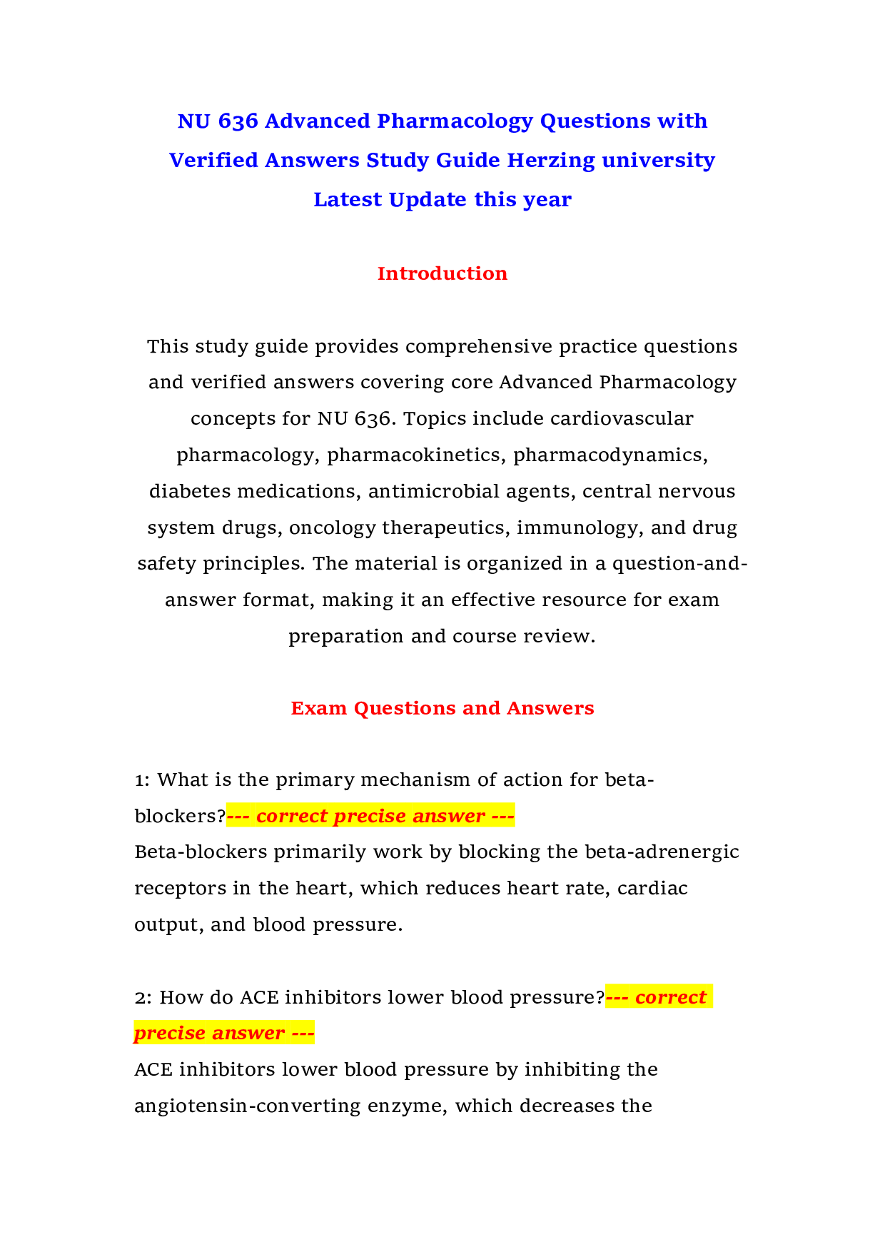 NU 636 Advanced Pharmacology Questions with Verified Answers Study Guide Herzing university Latest Update this year