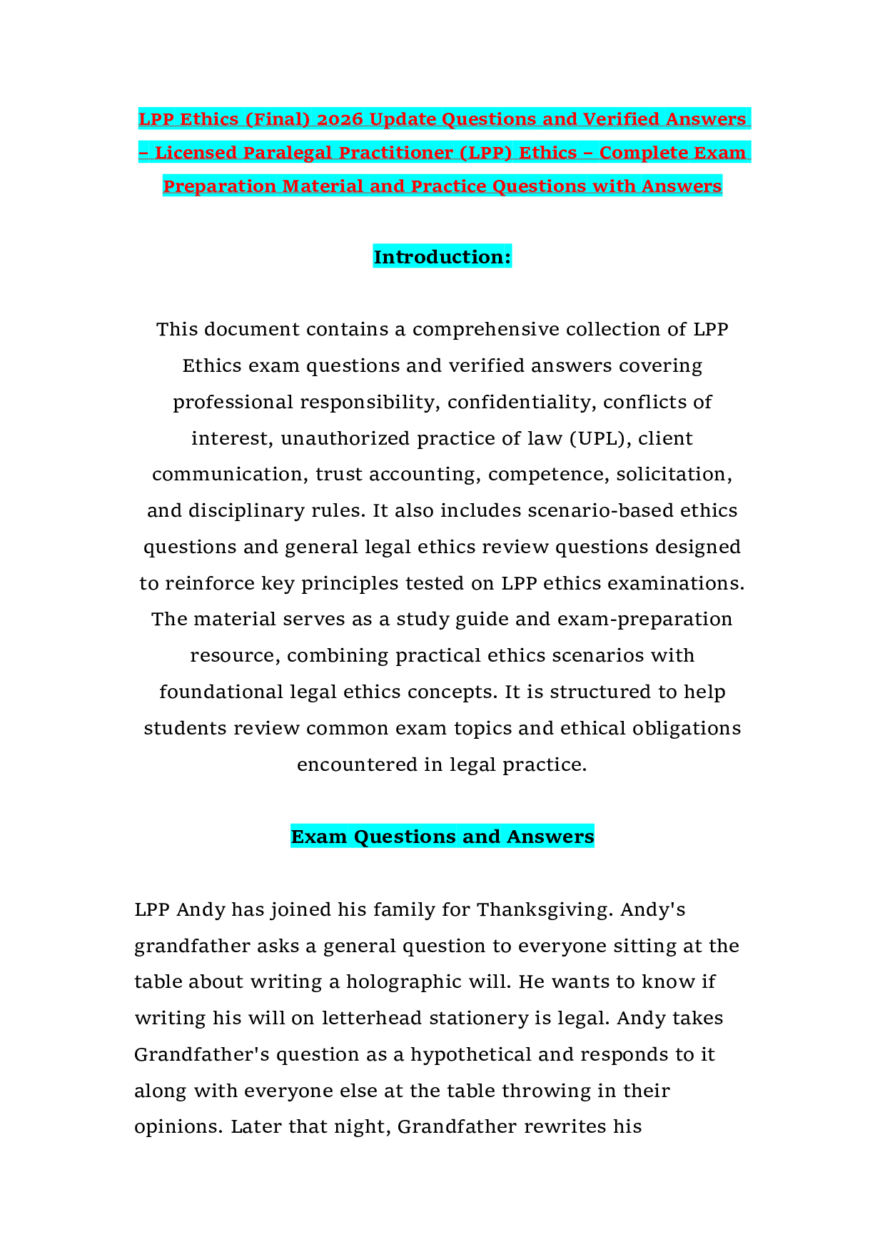 LPP Ethics (Final) 2026 Update Questions and Verified Answers – Licensed Paralegal Practitioner (LPP) Ethics – Complete Exam Preparation Material and Practice Questions with Answers