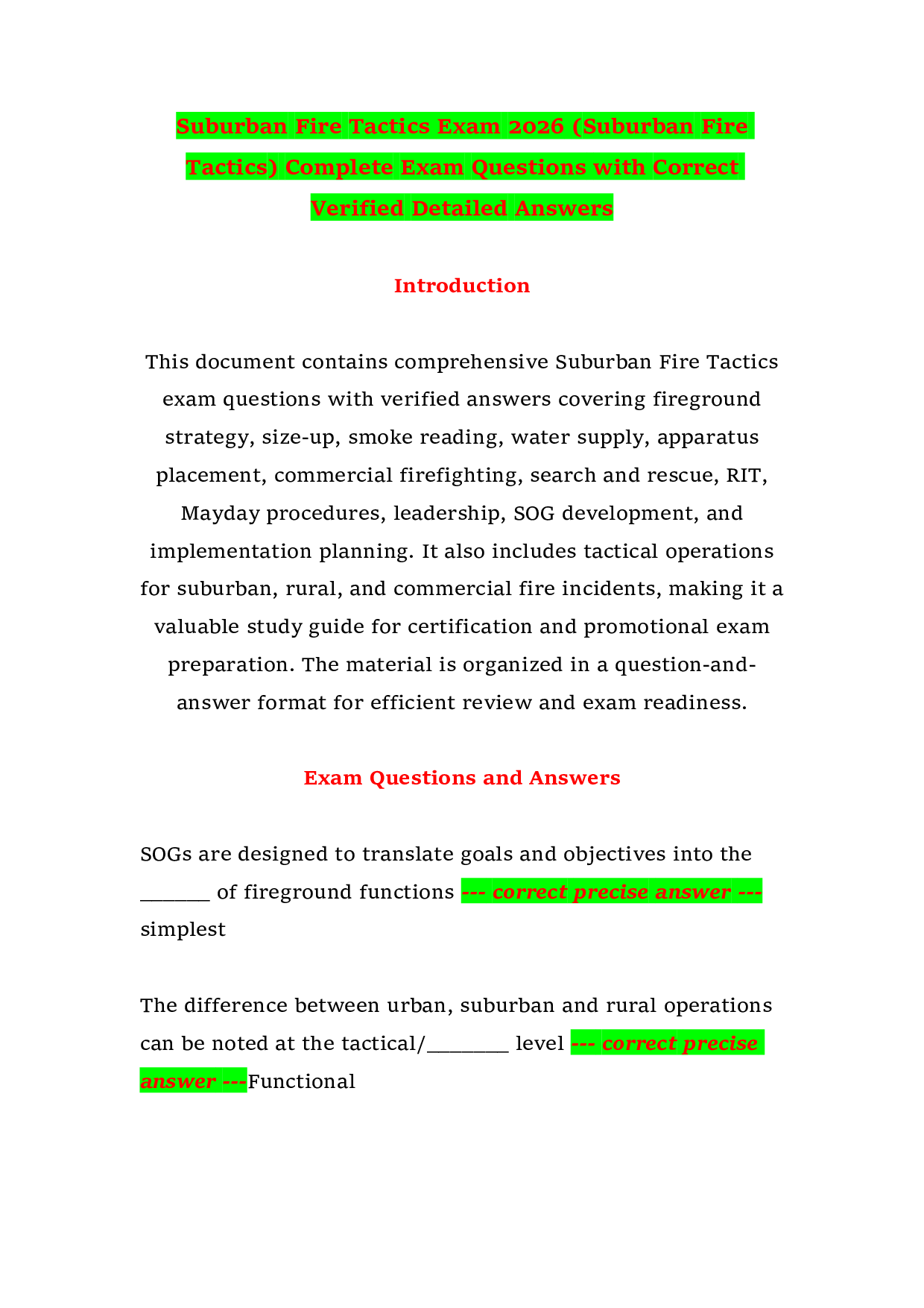Suburban Fire Tactics Exam 2026 (Suburban Fire Tactics) Complete Exam Questions with Correct Verified Detailed Answers