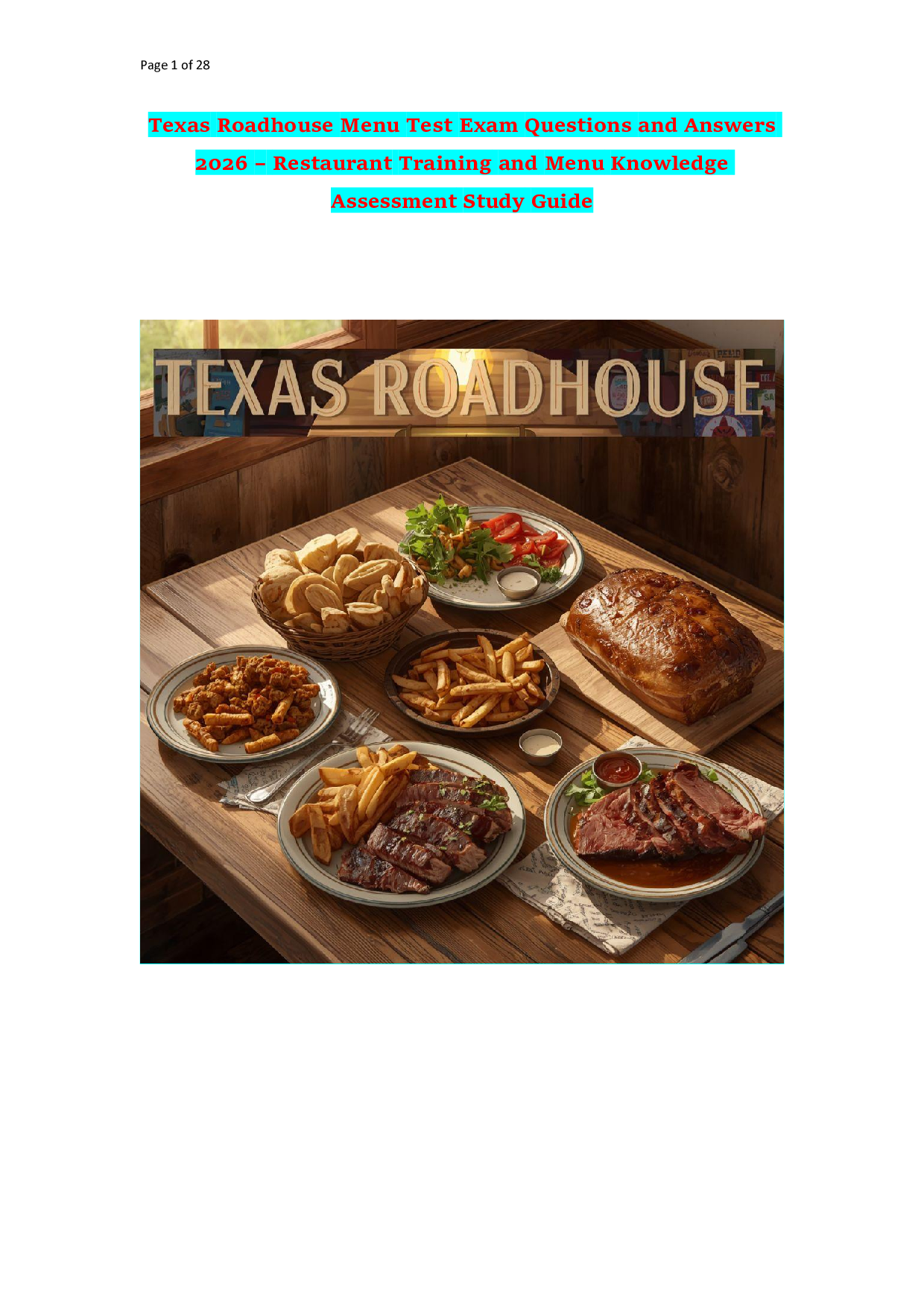 Texas Roadhouse Menu Test Exam Questions and Answers 2026 – Restaurant Training and Menu Knowledge Assessment Study Guide
