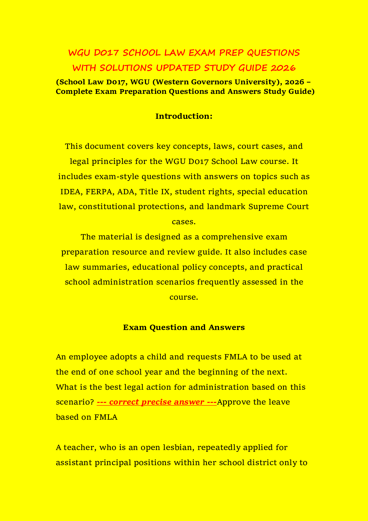 WGU D017 SCHOOL LAW EXAM PREP QUESTIONS WITH SOLUTIONS UPDATED STUDY GUIDE 2026