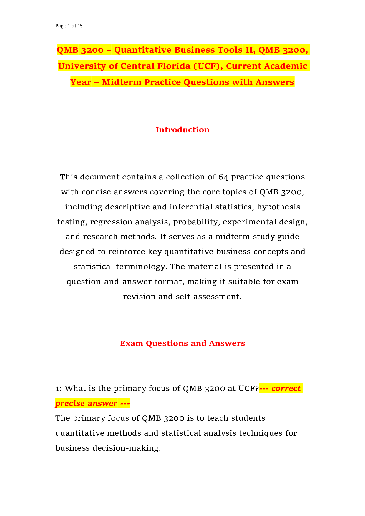 QMB 3200 – Quantitative Business Tools II, QMB 3200, University of Central Florida (UCF), Current Academic Year – Midterm Practice Questions with Answers