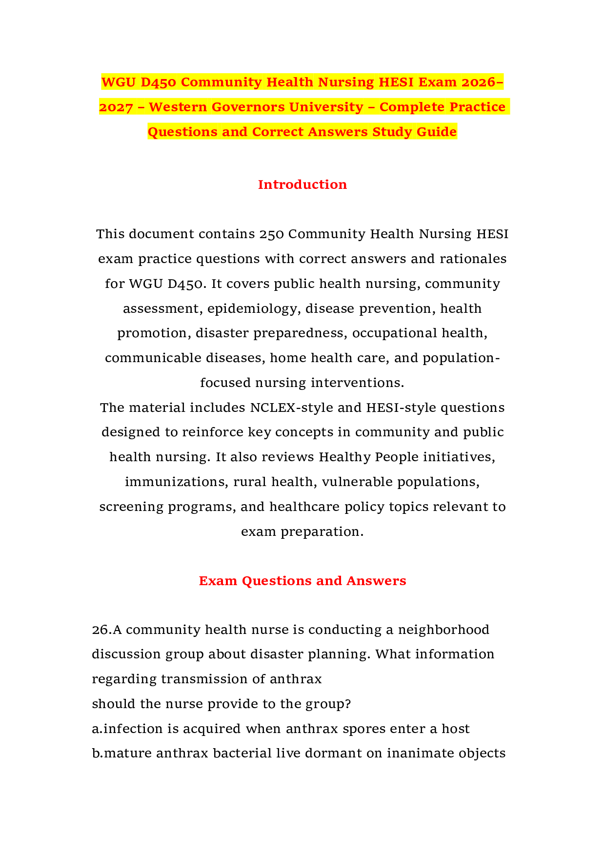 WGU D450 Community Health Nursing HESI Exam 2026–2027 – Western Governors University – Complete Practice Questions and Correct Answers Study Guide