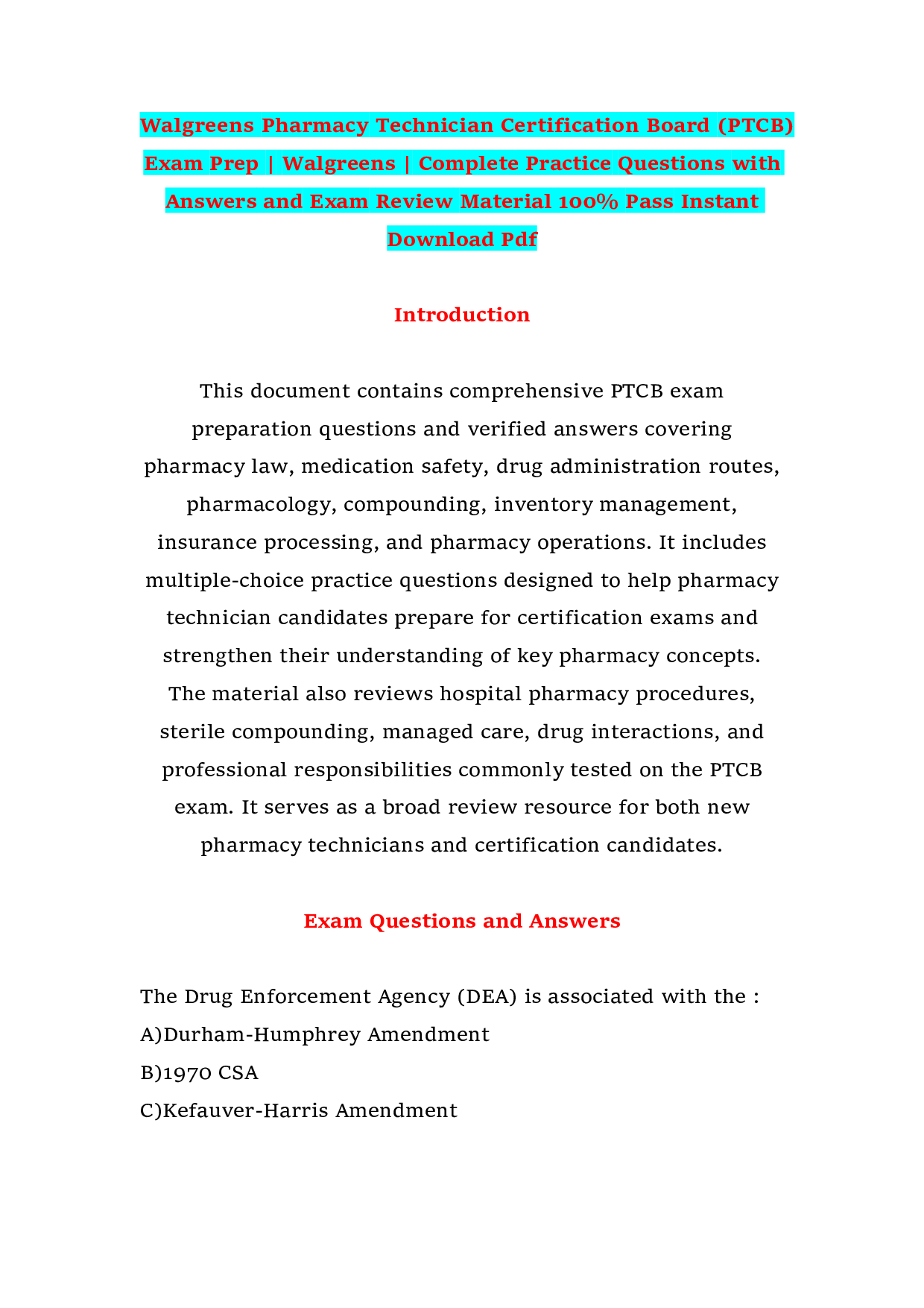 Walgreens Pharmacy Technician Certification Board (PTCB) Exam Prep | Walgreens | Complete Practice Questions with Answers and Exam Review Material 100% Pass Instant Download Pdf