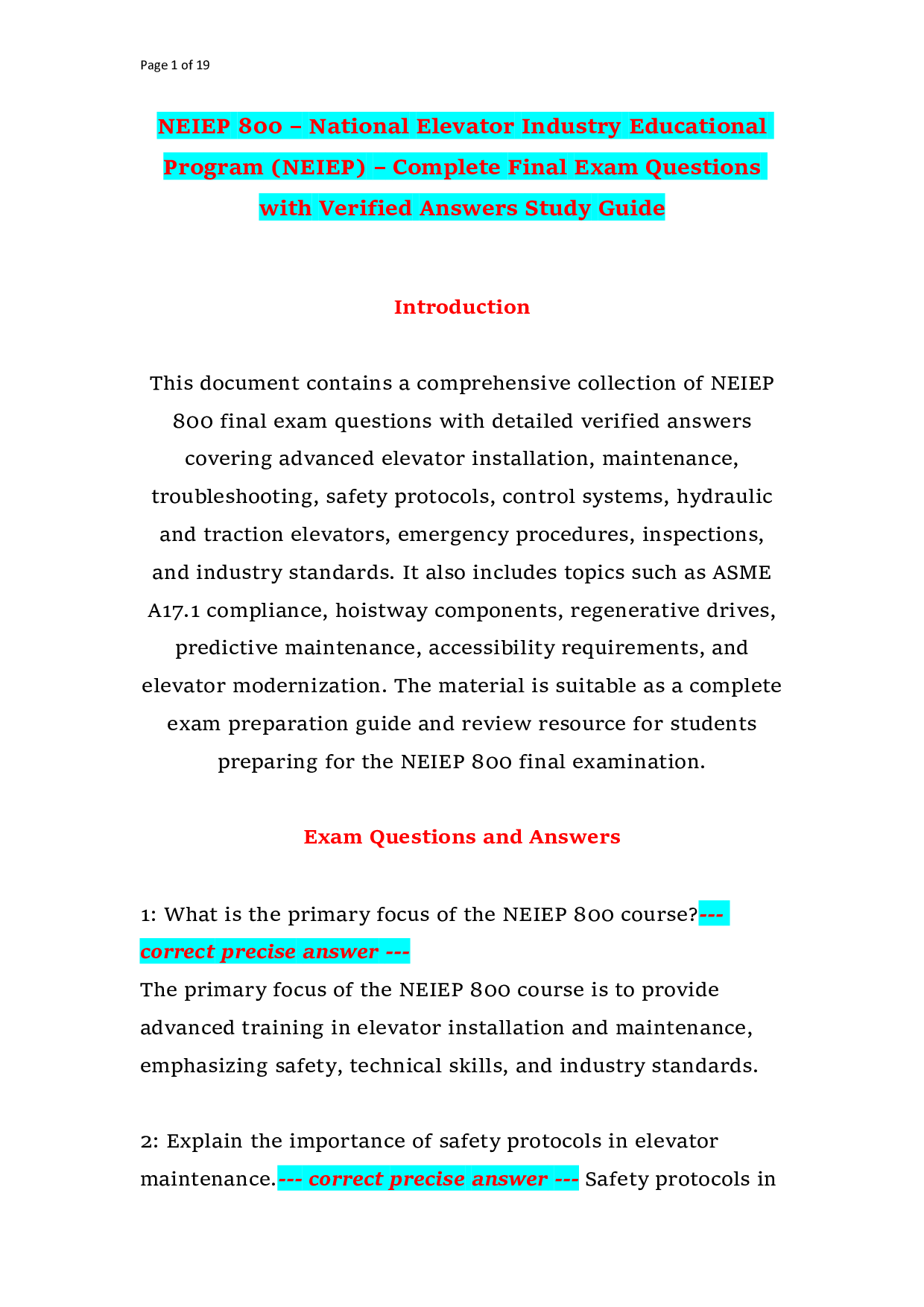 NEIEP 800 – National Elevator Industry Educational Program (NEIEP) – Complete Final Exam Questions with Verified Answers Study Guide