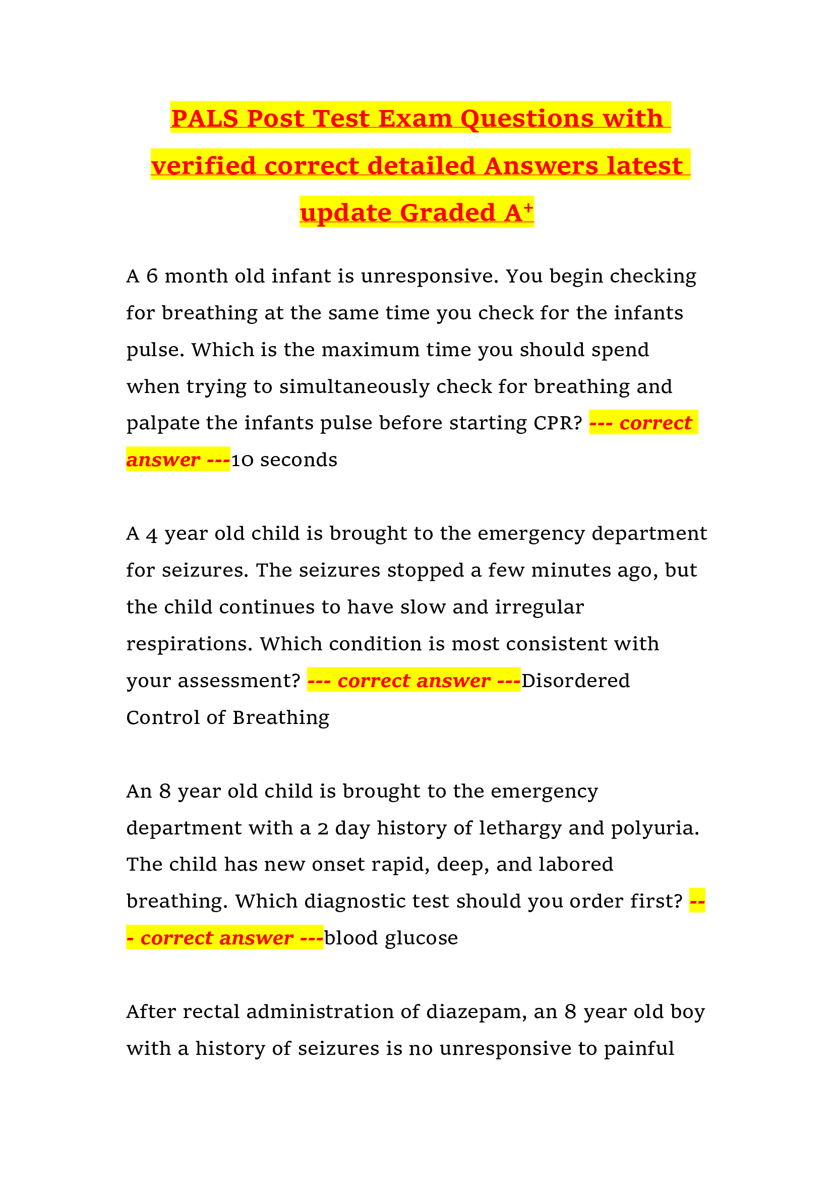 PALS Post Test Exam Questions with verified correct detailed Answers latest update Graded A+