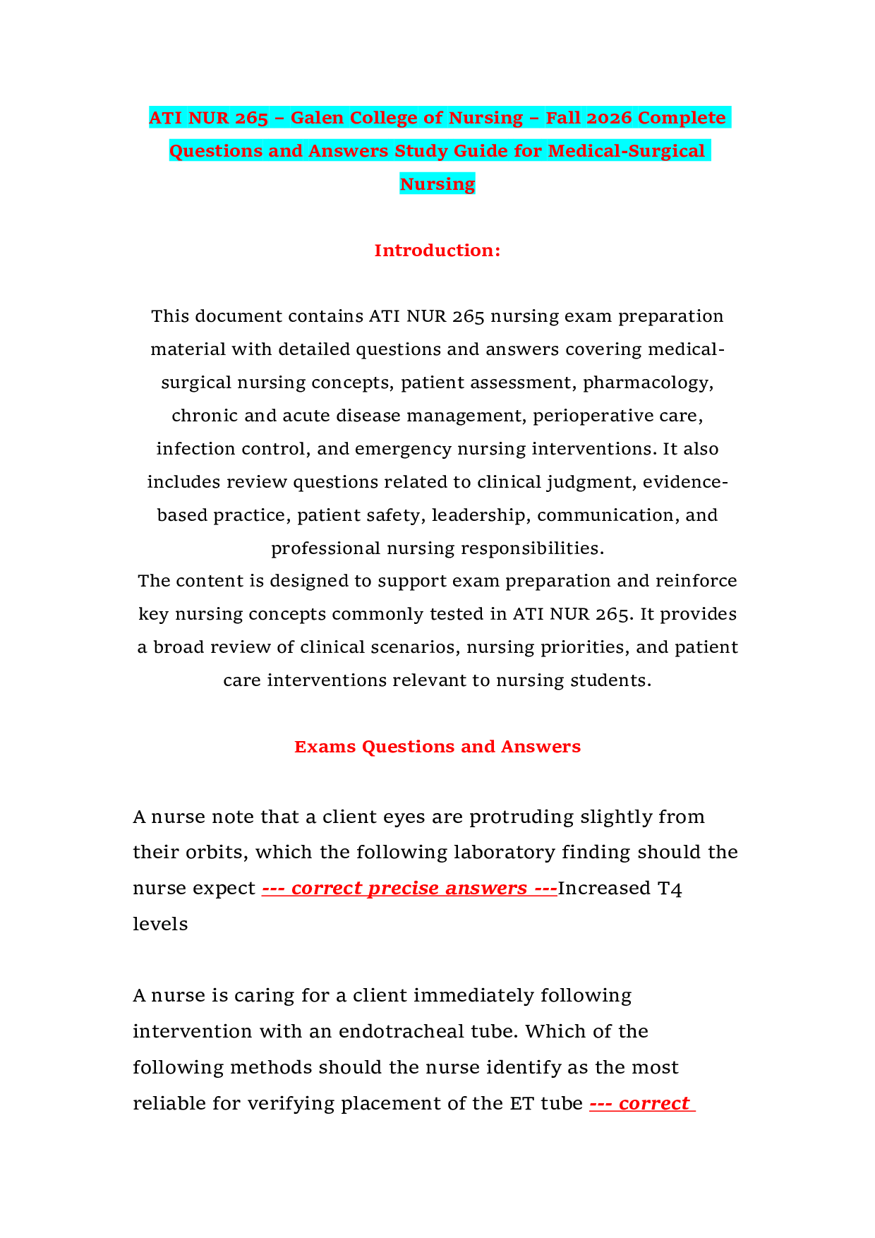 ATI NUR 265 – Galen College of Nursing – Fall 2026 Complete Questions and Answers Study Guide for Medical-Surgical Nursing