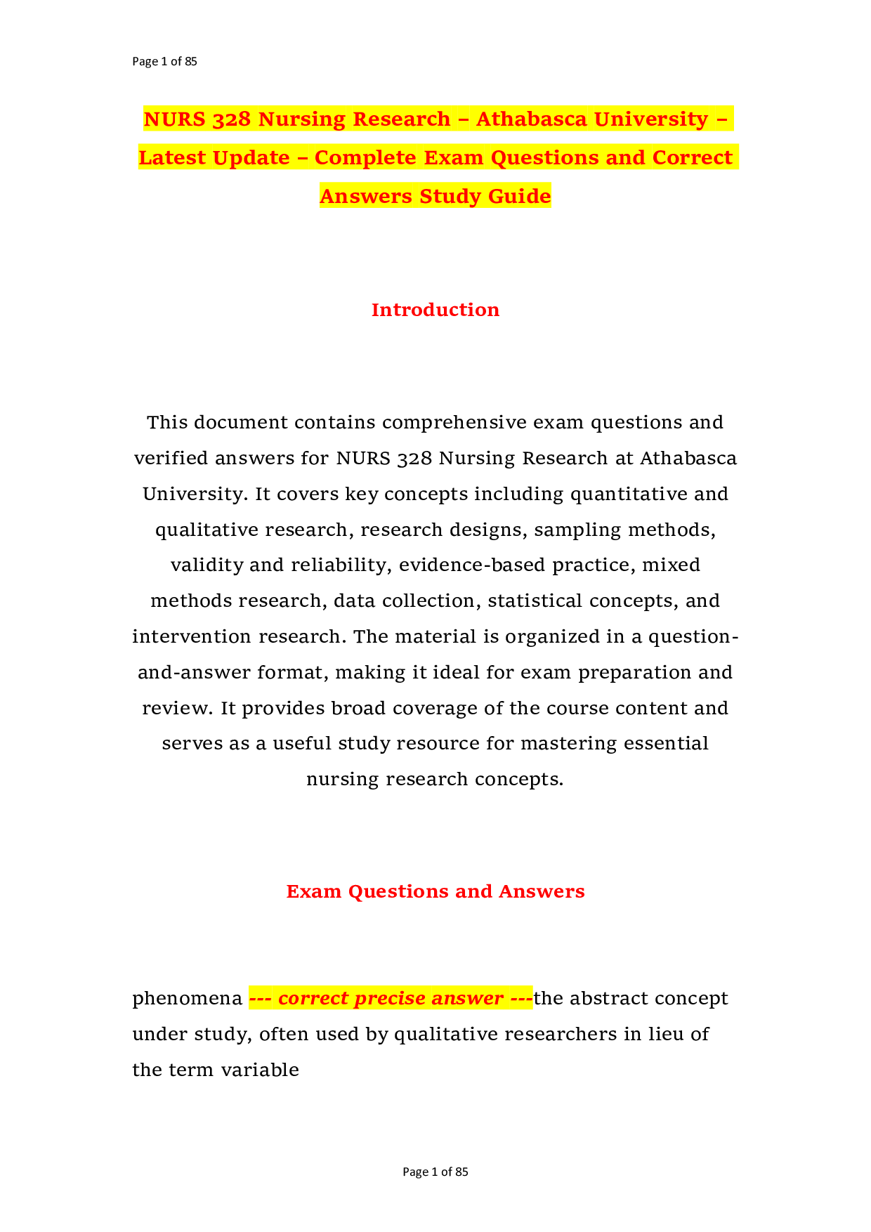 NURS 328 Nursing Research – Athabasca University – Latest Update – Complete Exam Questions and Correct Answers Study Guide