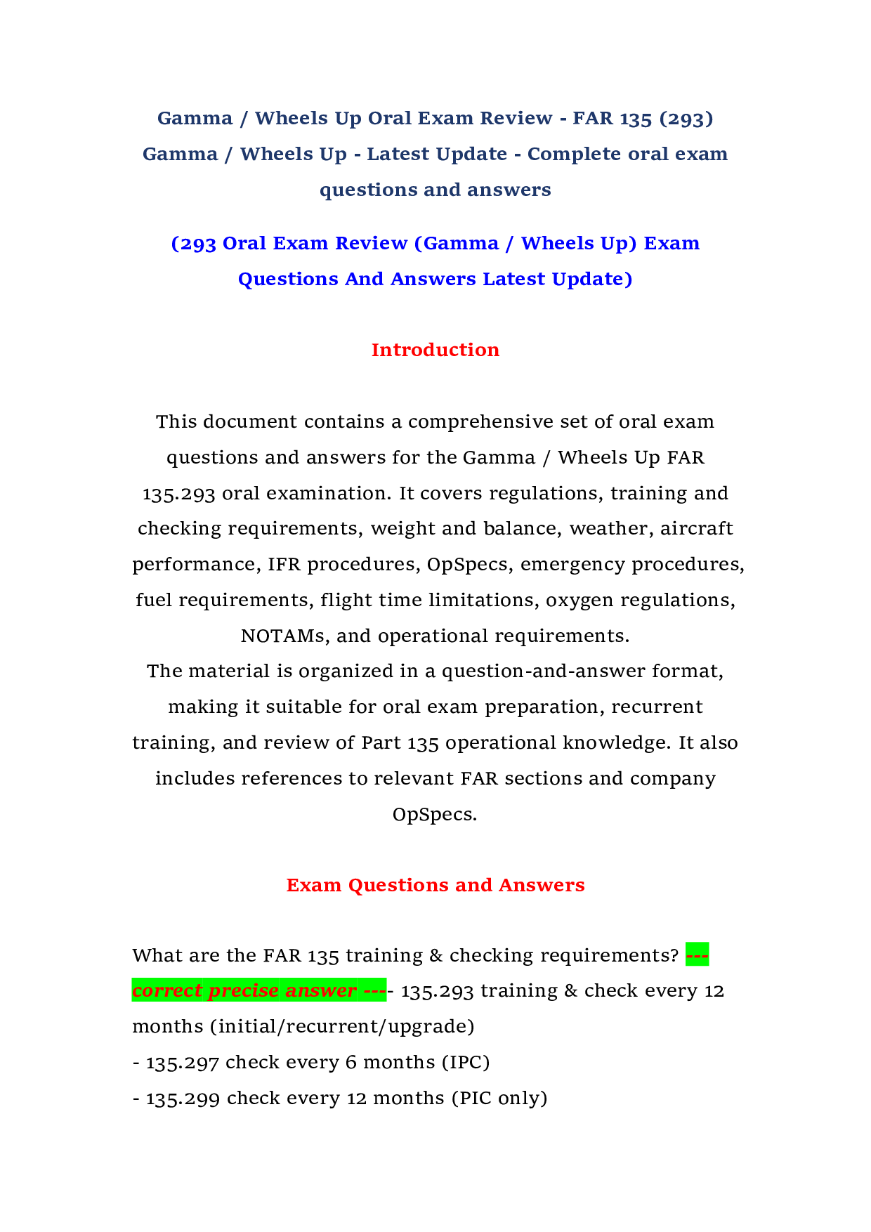 Gamma / Wheels Up Oral Exam Review - FAR 135 (293) Gamma / Wheels Up - Latest Update - Complete oral exam questions and answers