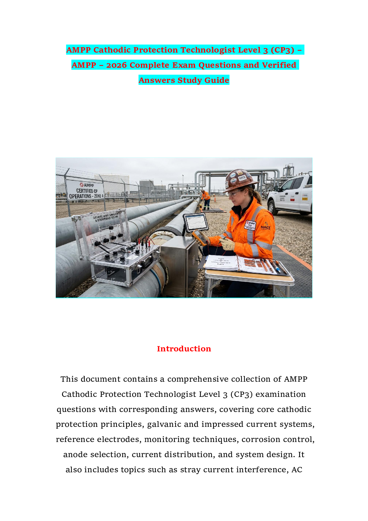AMPP Cathodic Protection Technologist Level 3 (CP3) – AMPP – 2026 Complete Exam Questions and Verified Answers Study Guide