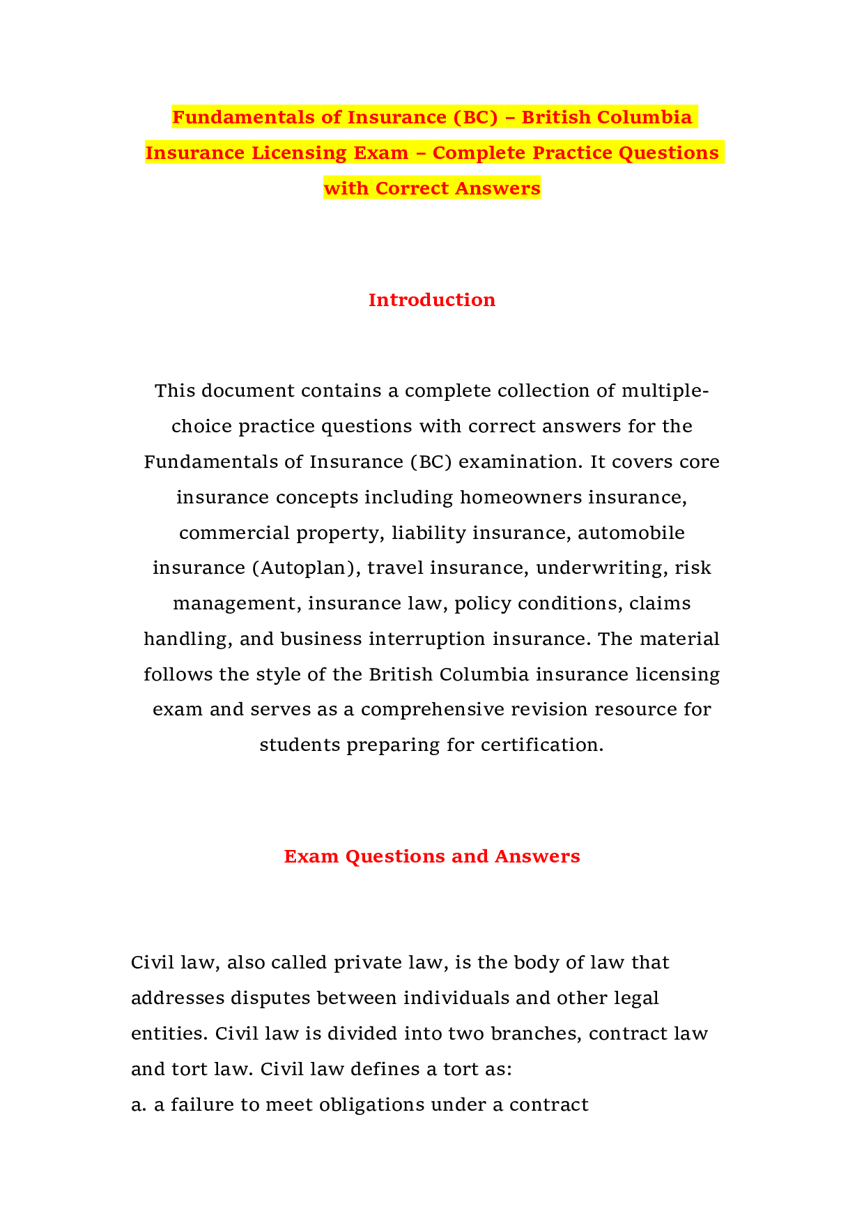Fundamentals of Insurance (BC) – British Columbia Insurance Licensing Exam – Complete Practice Questions with Correct Answers