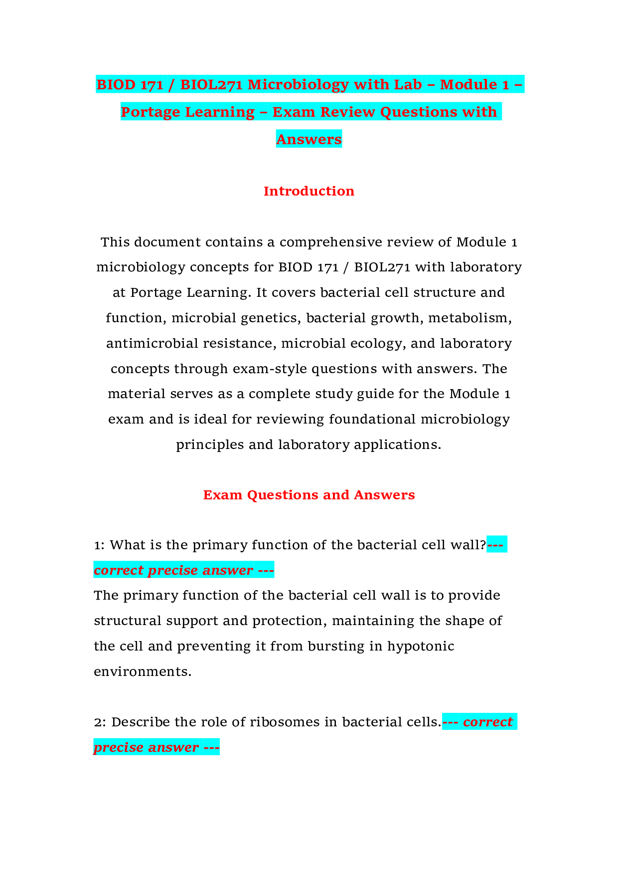 BIOD 171 / BIOL271 Microbiology with Lab – Module 1 – Portage Learning – Exam Review Questions with Answers