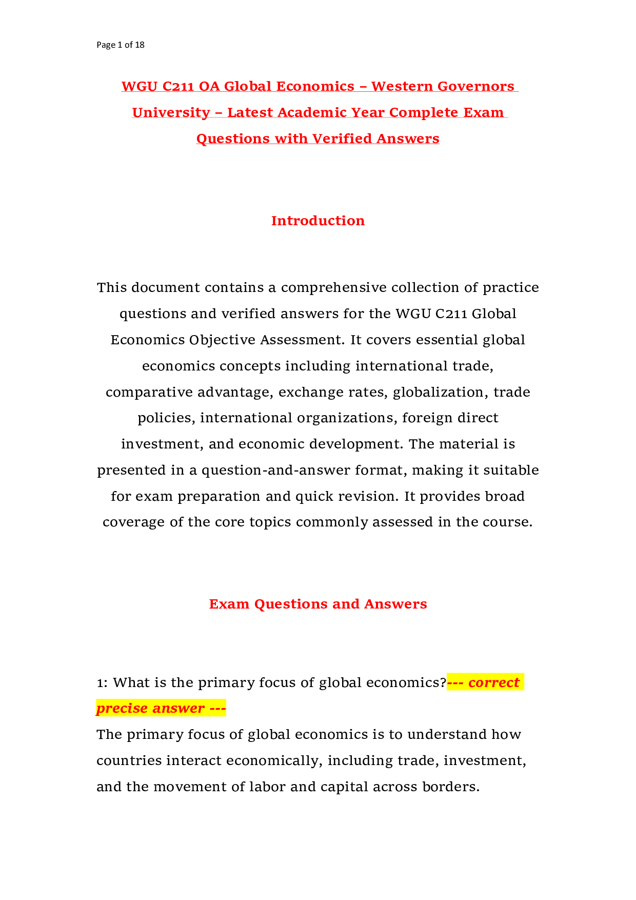 WGU C211 OA Global Economics – Western Governors University – Latest Academic Year Complete Exam Questions with Verified Answers
