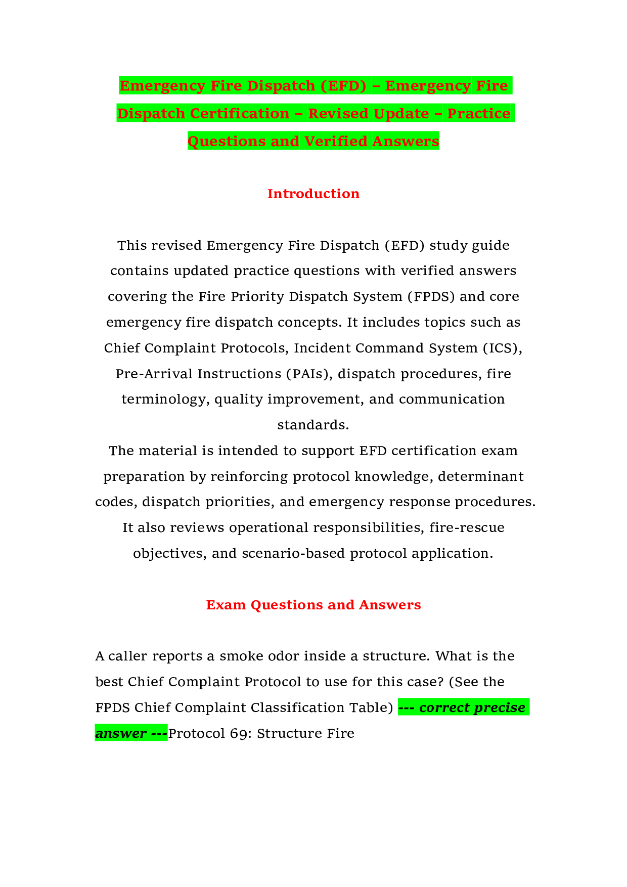 Emergency Fire Dispatch (EFD) – Emergency Fire Dispatch Certification – Revised Update – Practice Questions and Verified Answers