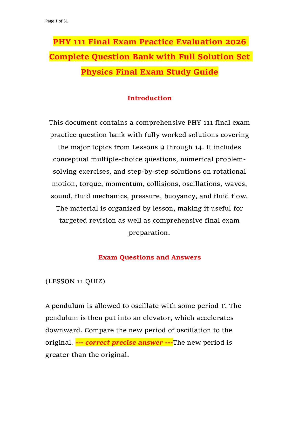 PHY 111 Final Exam Practice Evaluation 2026 Complete Question Bank with Full Solution Set Physics Final Exam Study Guide