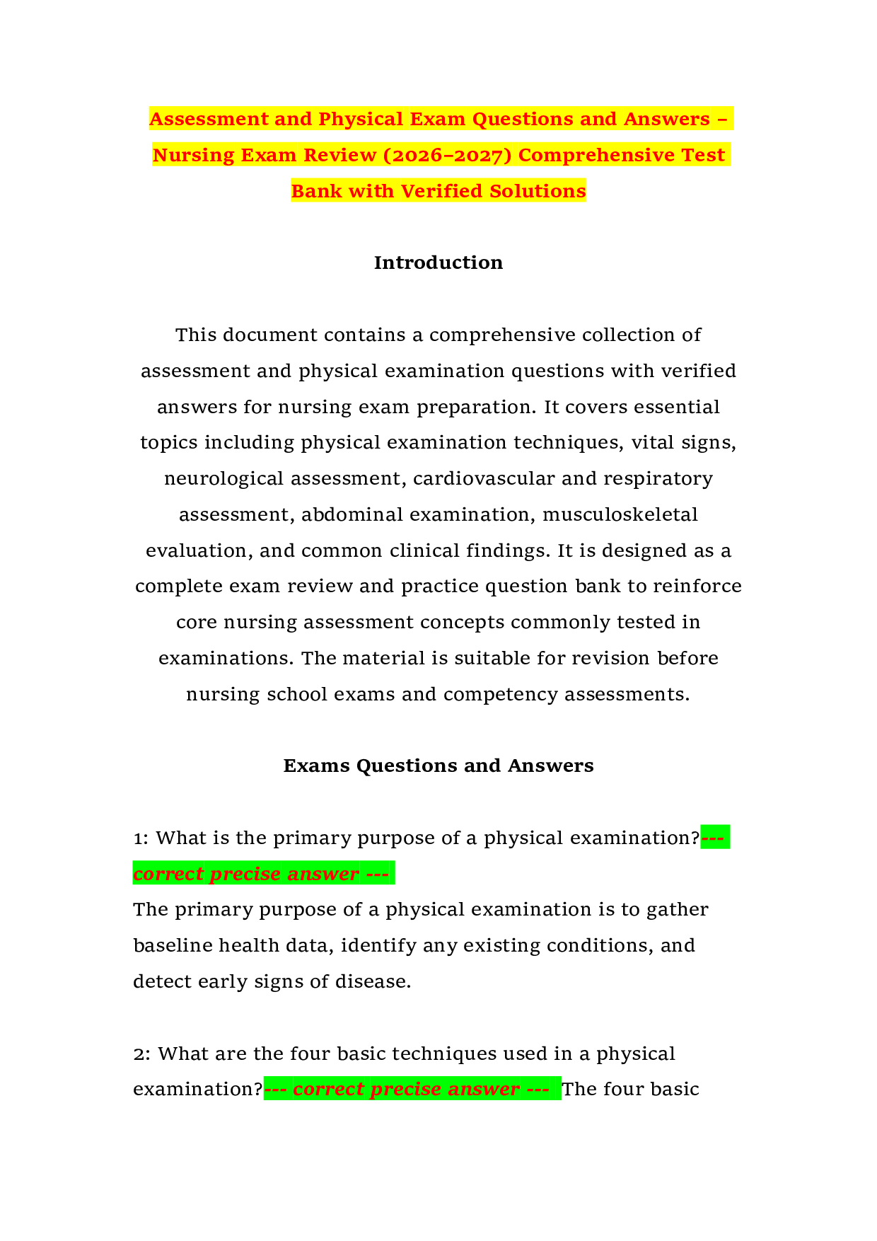 Assessment and Physical Exam Questions and Answers – Nursing Exam Review (2026–2027) Comprehensive Test Bank with Verified Solutions