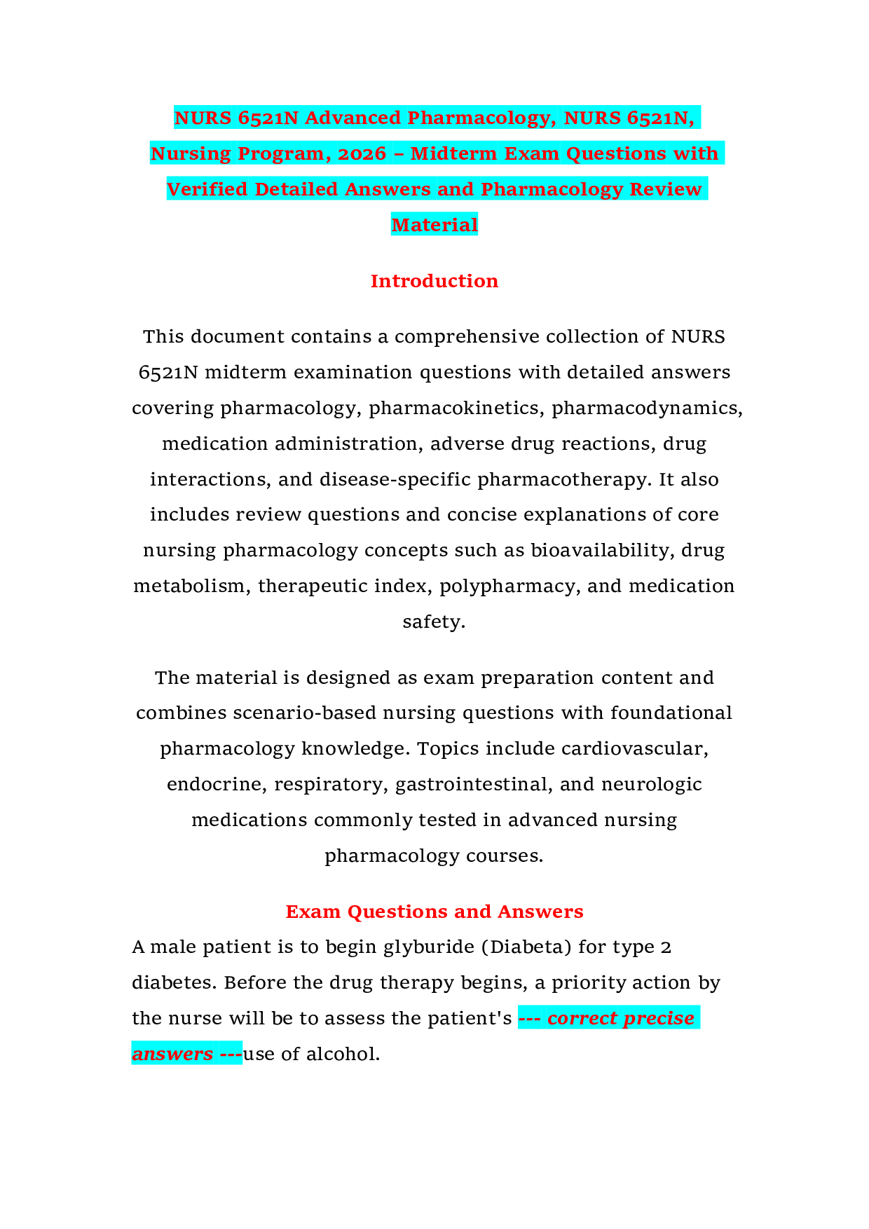 NURS 6521N Advanced Pharmacology, NURS 6521N, Nursing Program, 2026 – Midterm Exam Questions with Verified Detailed Answers and Pharmacology Review Material