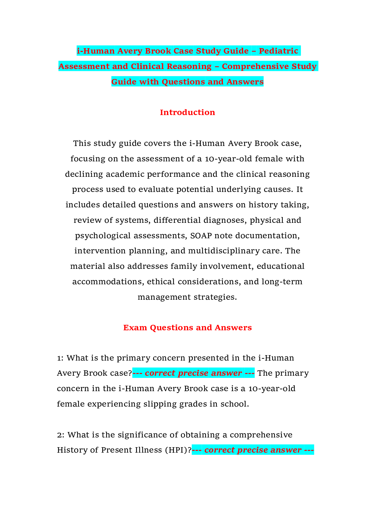 i-Human Avery Brook Case Study Guide – Pediatric Assessment and Clinical Reasoning – Comprehensive Study Guide with Questions and Answers