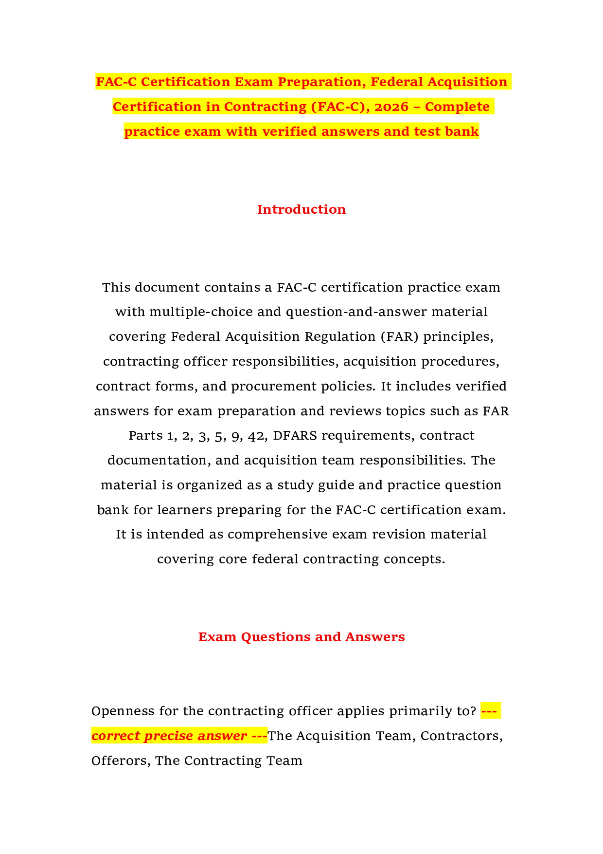 FAC-C Certification Exam Preparation, Federal Acquisition Certification in Contracting (FAC-C), 2026 – Complete practice exam with verified answers and test bank