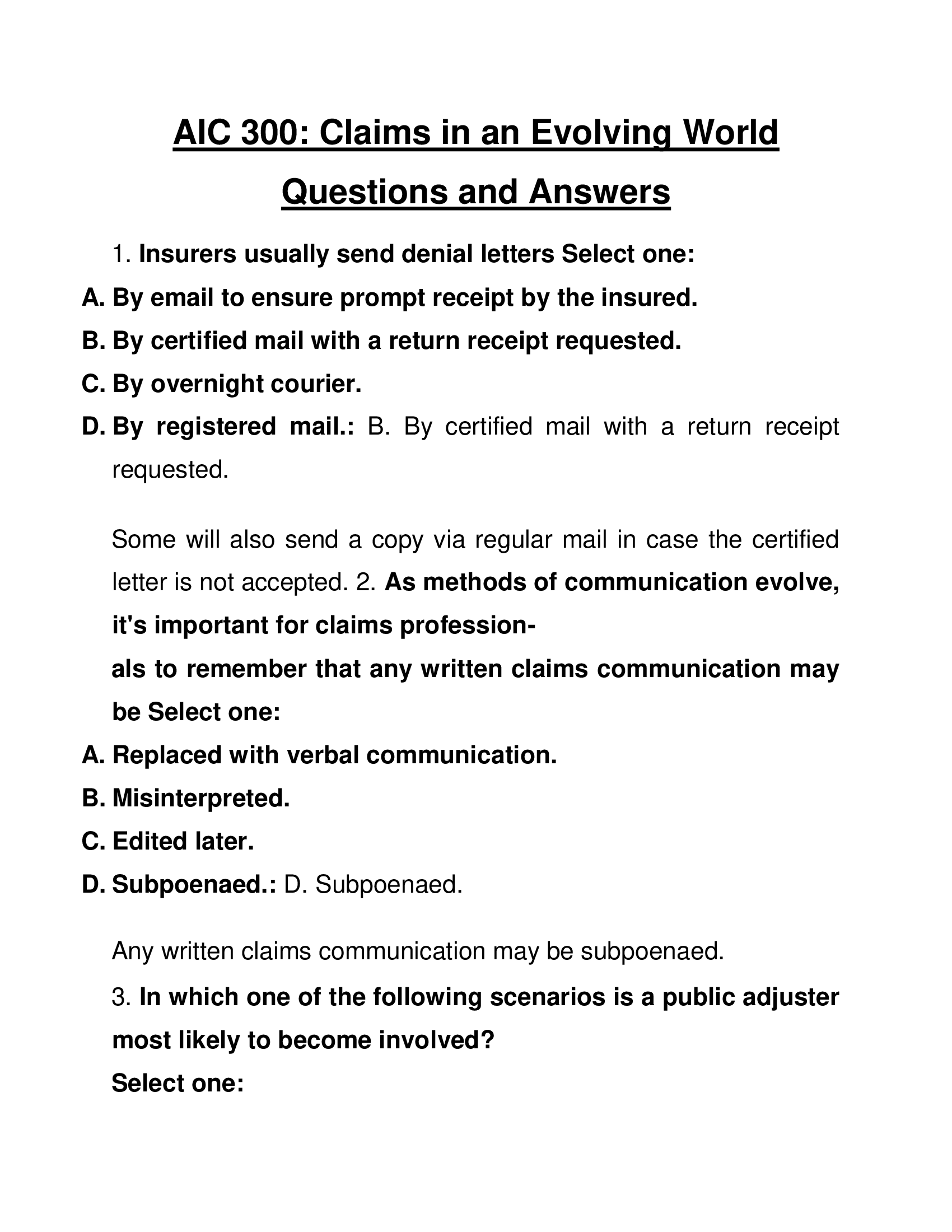 AIC 300 - Claims in an Evolving World Questions and Answers for 2024 Exam