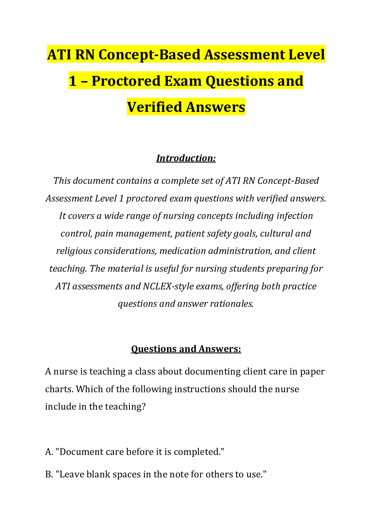 ATI RN Concept-Based Assessment Level 1 – Proctored Exam Questions and Verified Answers