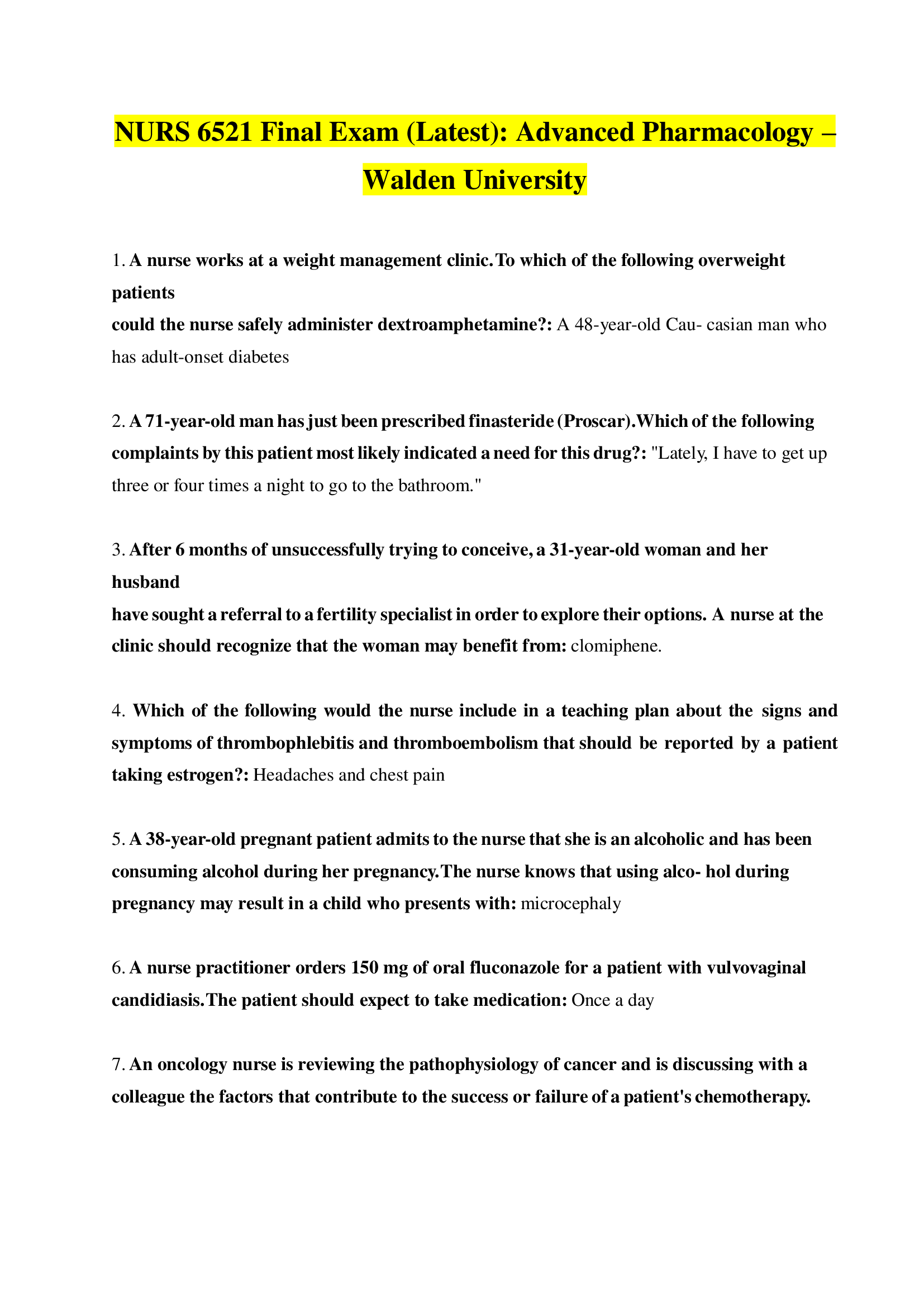 NURS 6521 Final Exam, Advanced Pharmacology – Walden University (Latest 2024)