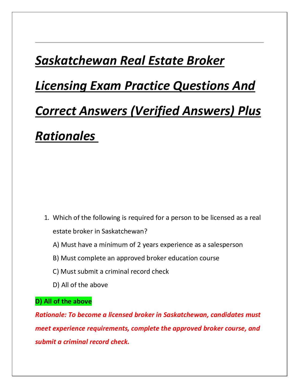 Saskatchewan Real Estate Salesperson Licensing Exam Practice Questions And Correct Answers (Verified Answers) Plus Rationales 2026 Q&A  Instant Download Pdf