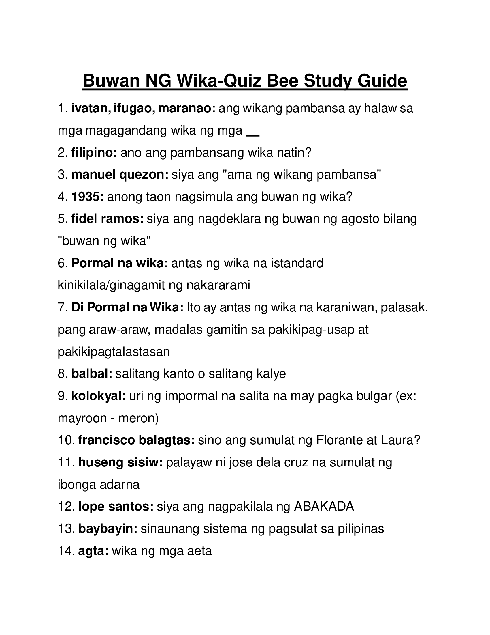 Buwan NG Wika-Quiz Bee Study Guide