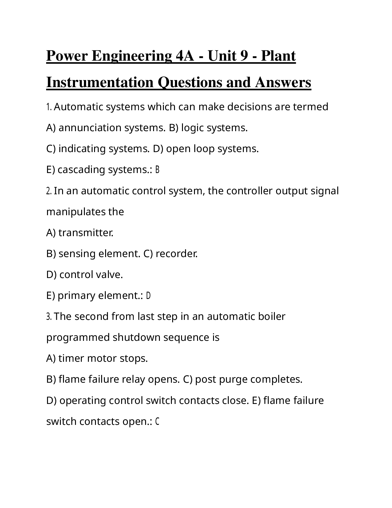 Power Engineering 4A - Unit 9 - Plant Instrumentation Questions and Answers