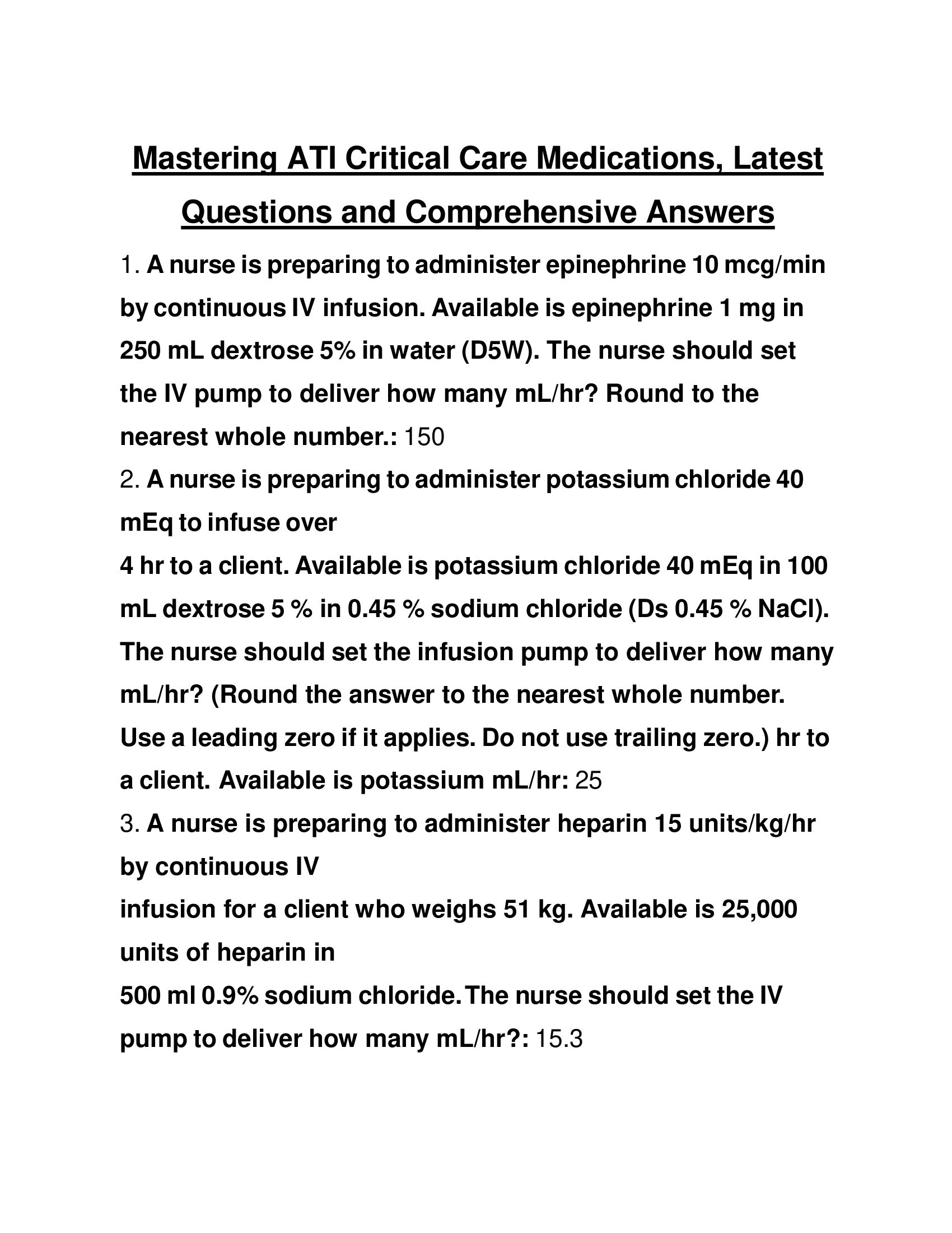 Mastering ATI Critical Care Medications, Latest Questions and Comprehensive Answers
