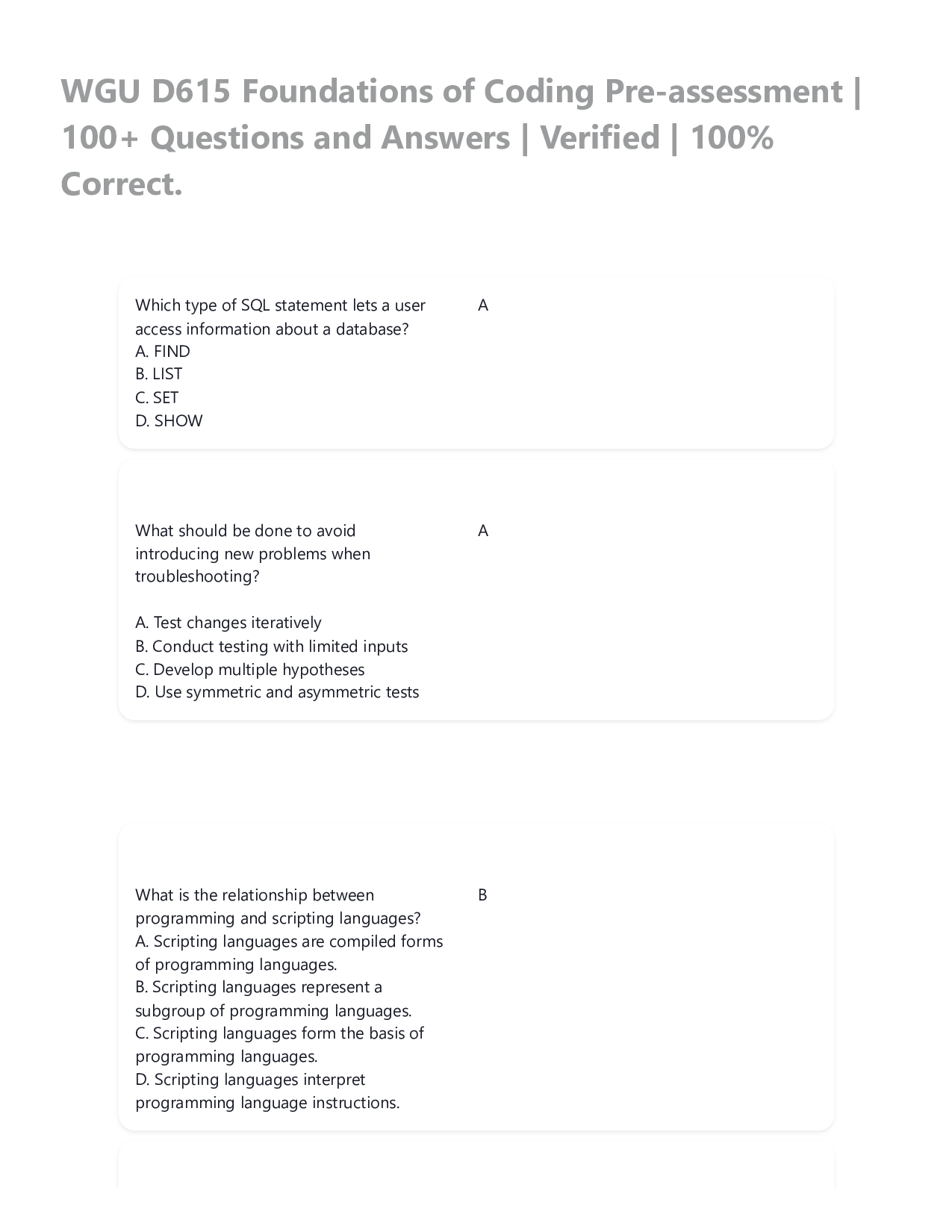 WGU D615 Foundations of Coding Pre-assessment, 100+ Questions and Answers Verified 2026