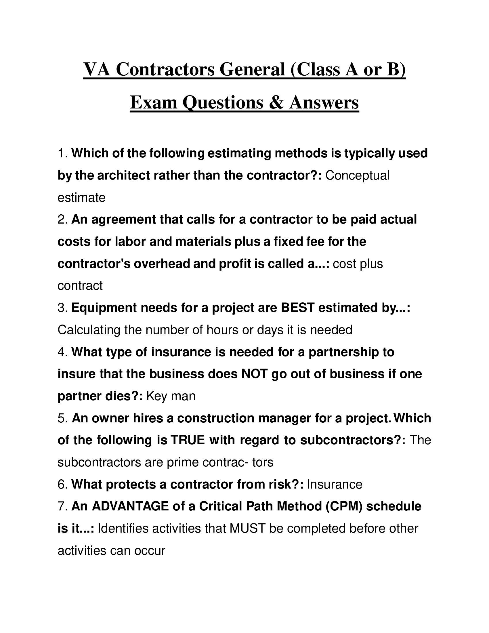 VA Contractors General (Class A or B) Exam Questions & Answers 2024