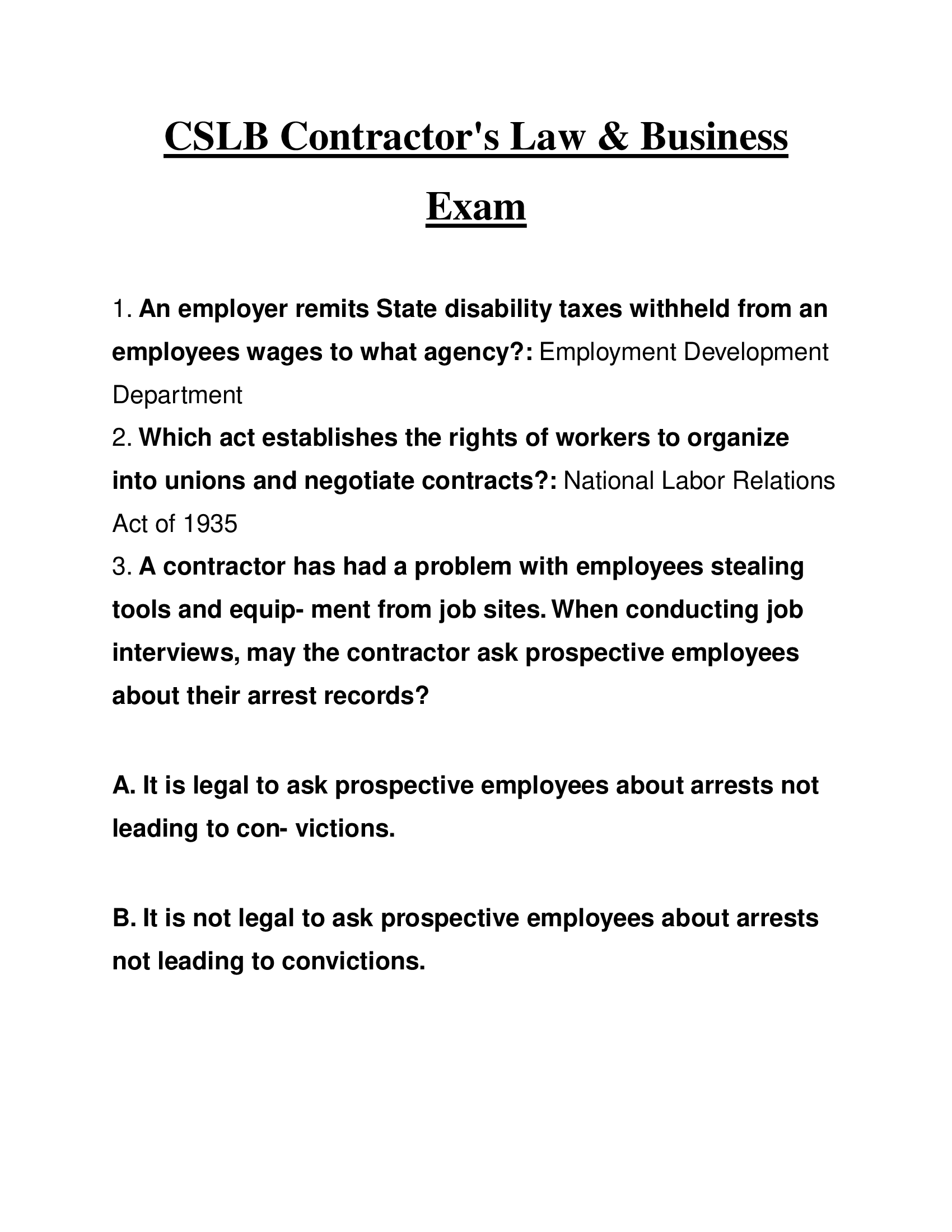 CSLB Contractor's Law & Business Exam Questions and Answers 2024