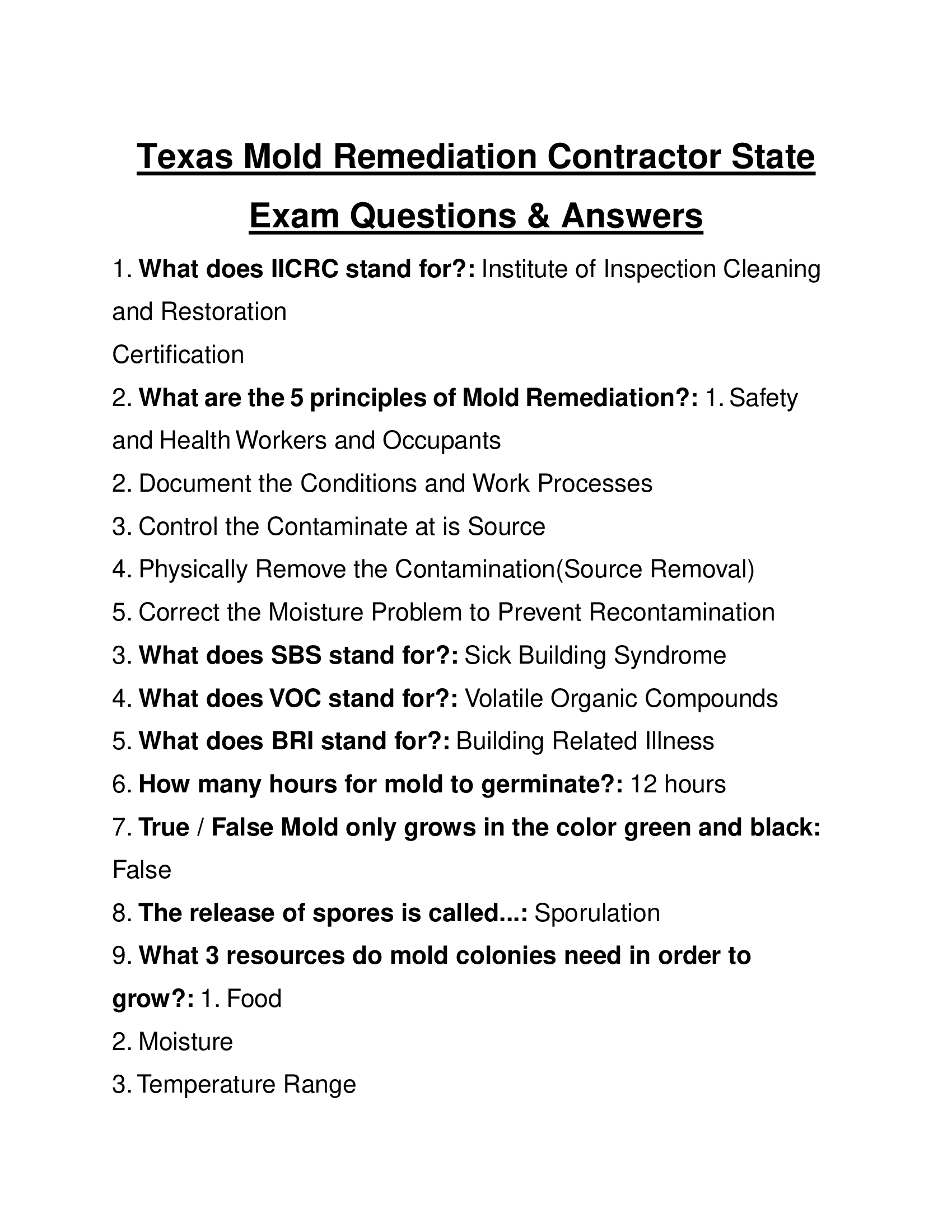 Texas Mold Remediation Contractor State Exam Questions & Answers 2024