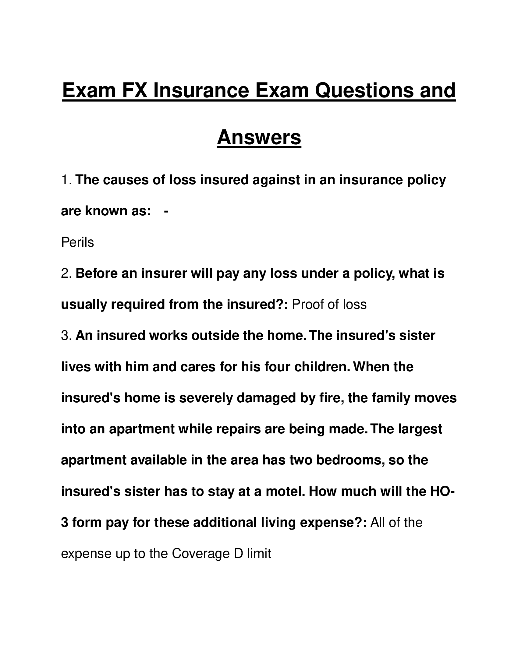 Exam FX Insurance Exam Questions and Answers 2026