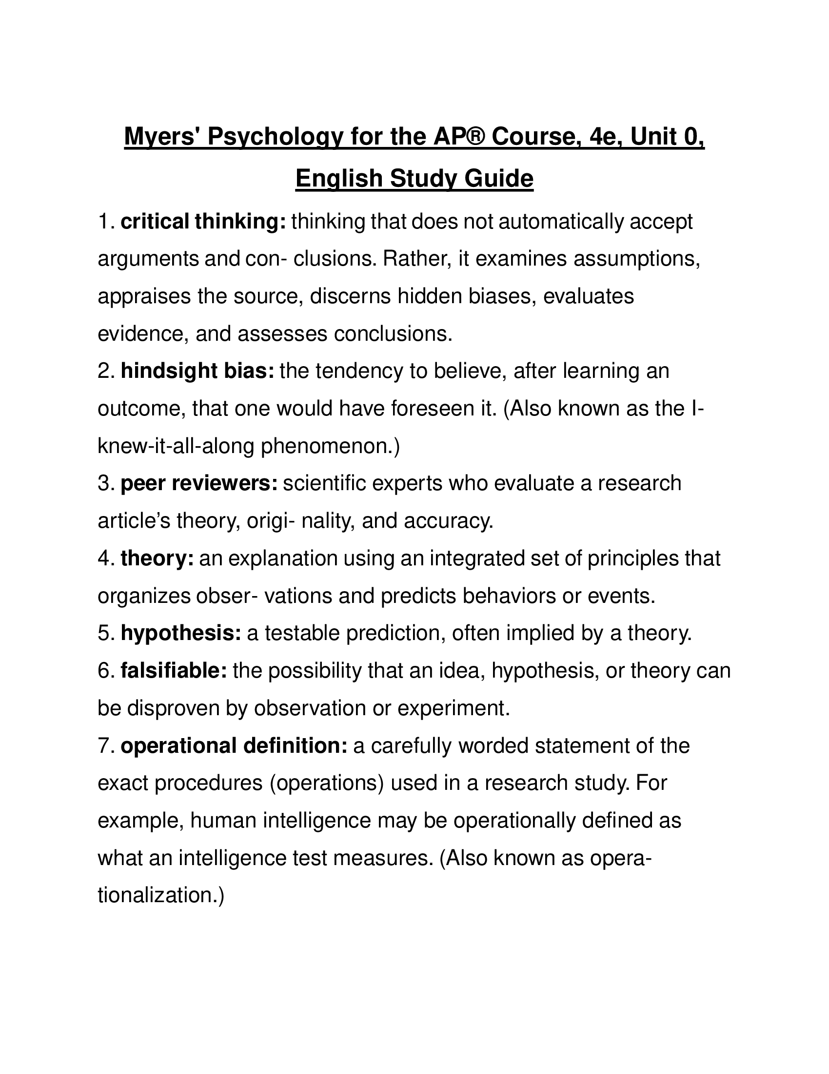 Myers' Psychology for the AP® Course, 4e, Unit 0, English Study Guide