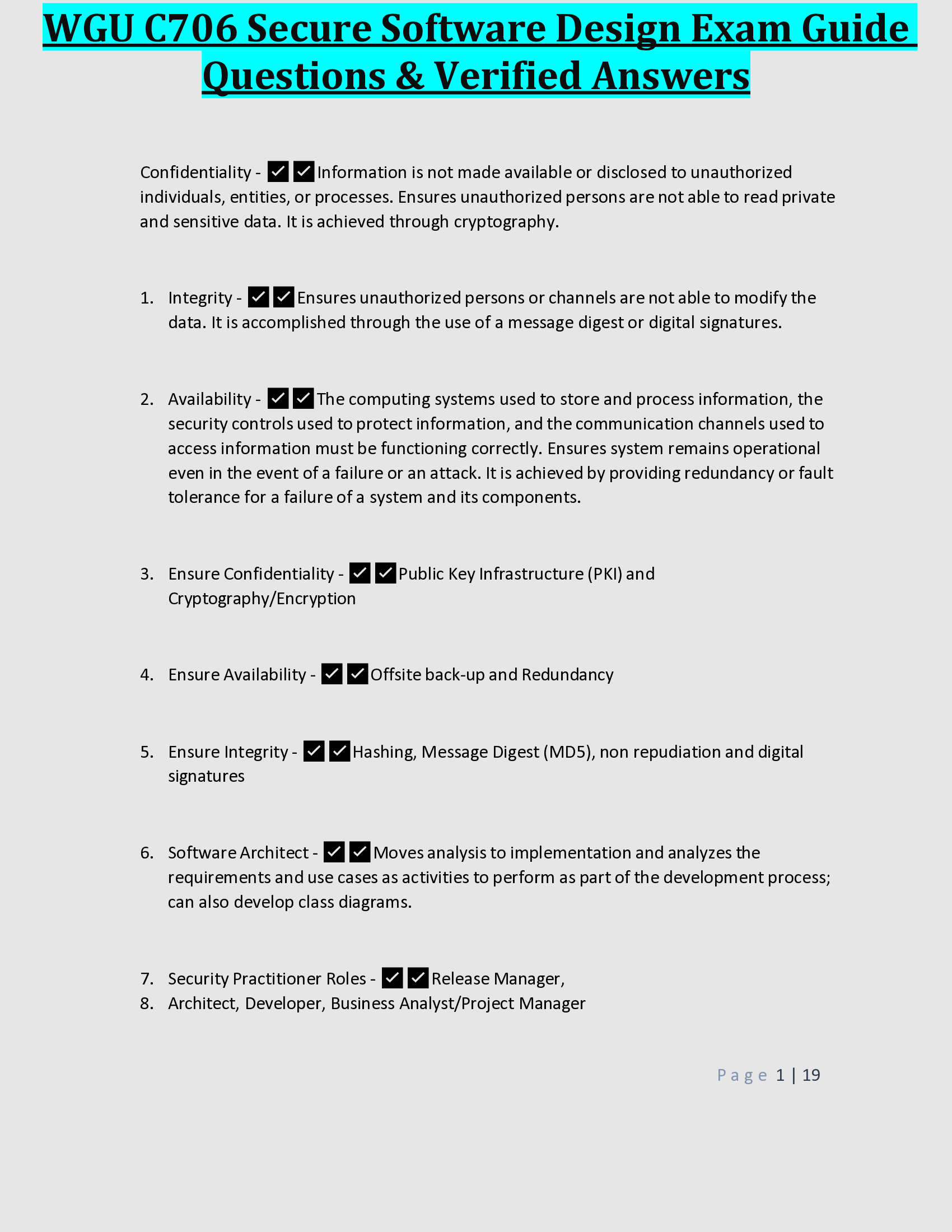 WGU C706 Secure Software Design Exam Guide Questions & Verified Answers 2024