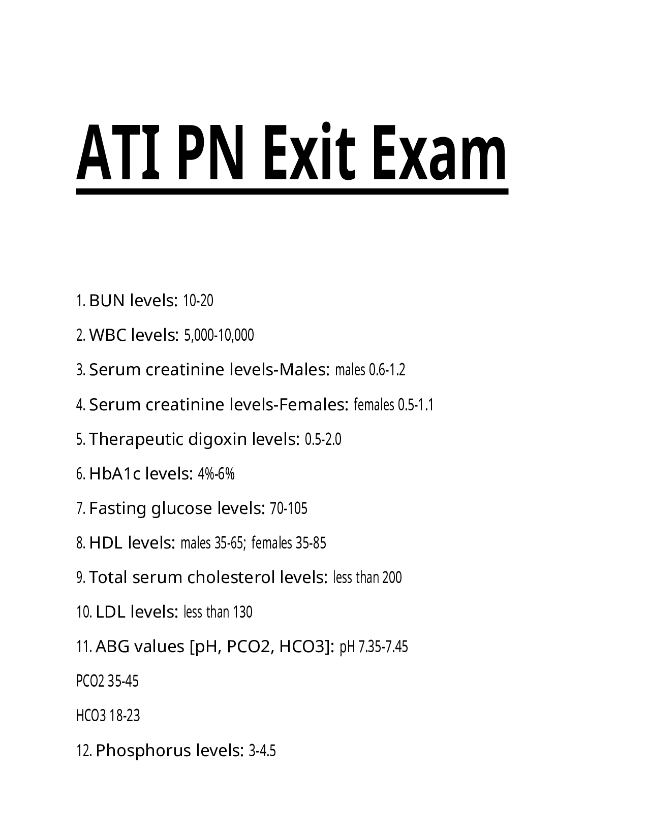 ATI PN Exit Exam – Comprehensive Nursing Review & Key Clinical Values (Practice Reference Guide)
