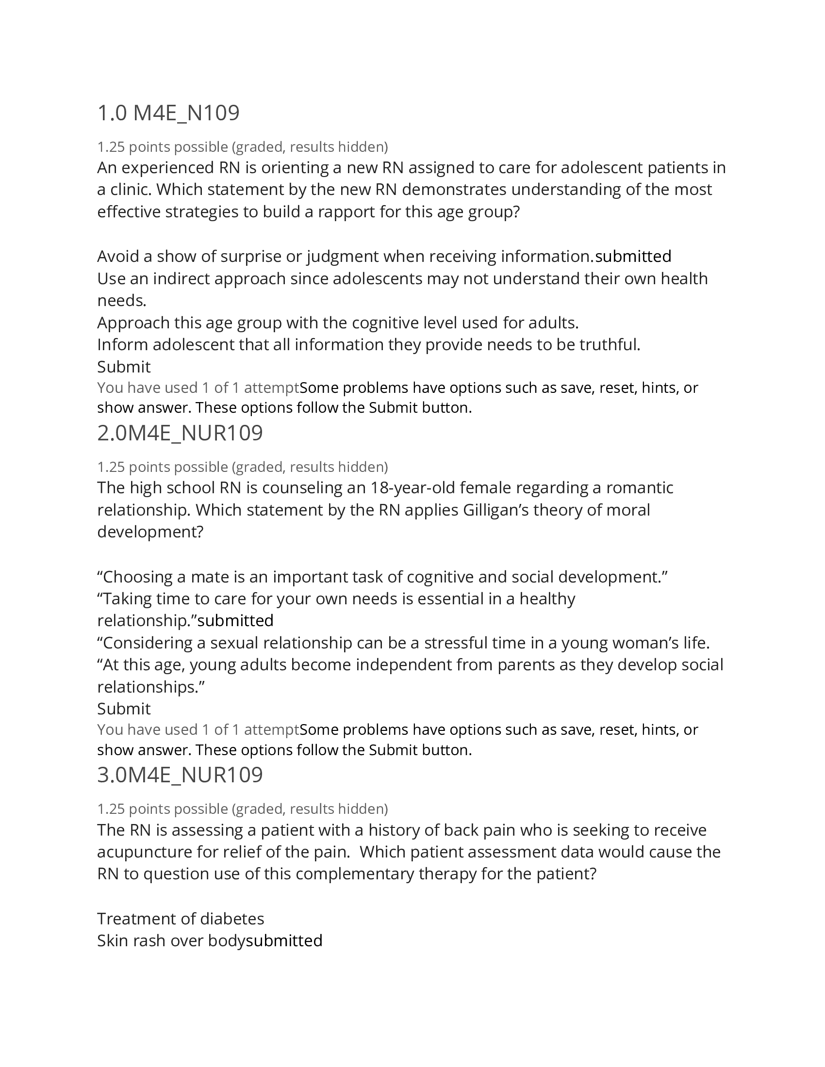 NUR109 EXAM 1 QUESTIONS WITH ANSWERS (Excelsior School 2022)