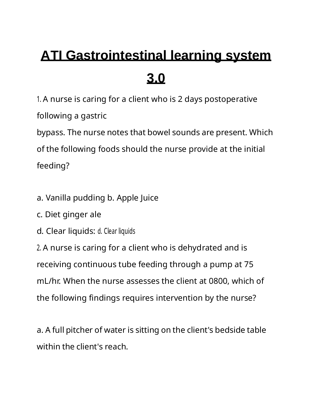 ATI Medical Surgical Gastrointestinal Learning System 3.0 Exam Questions With 100% Correct Answers