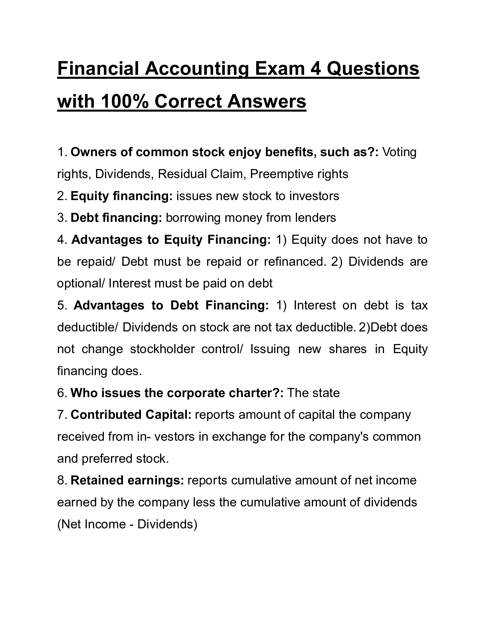 Financial Accounting Exam 4 Questions with 100% Correct Answers