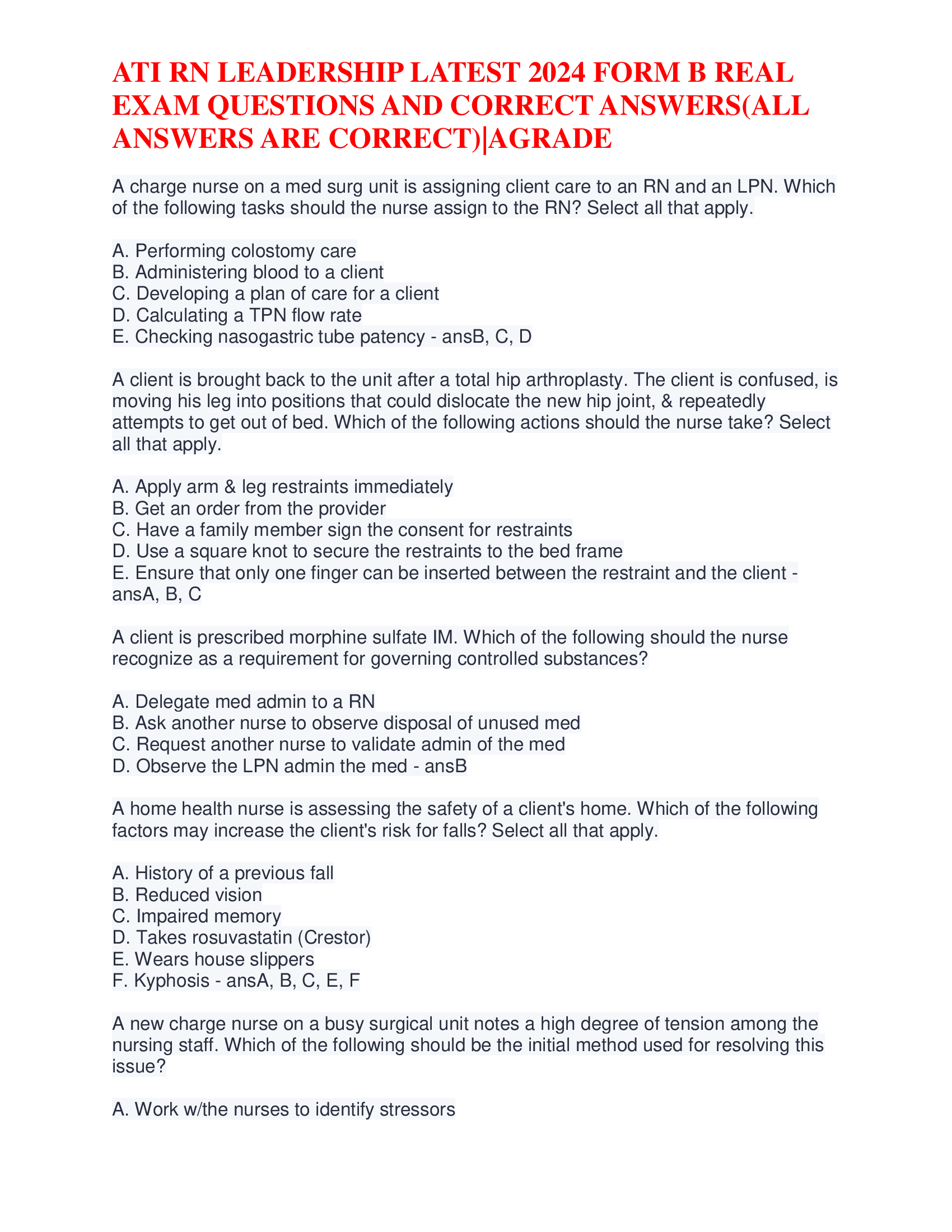 ATI RN Leadership Latest 2024 Form B Real Exam Questions And Correct Answers (All Answers Are Correct)