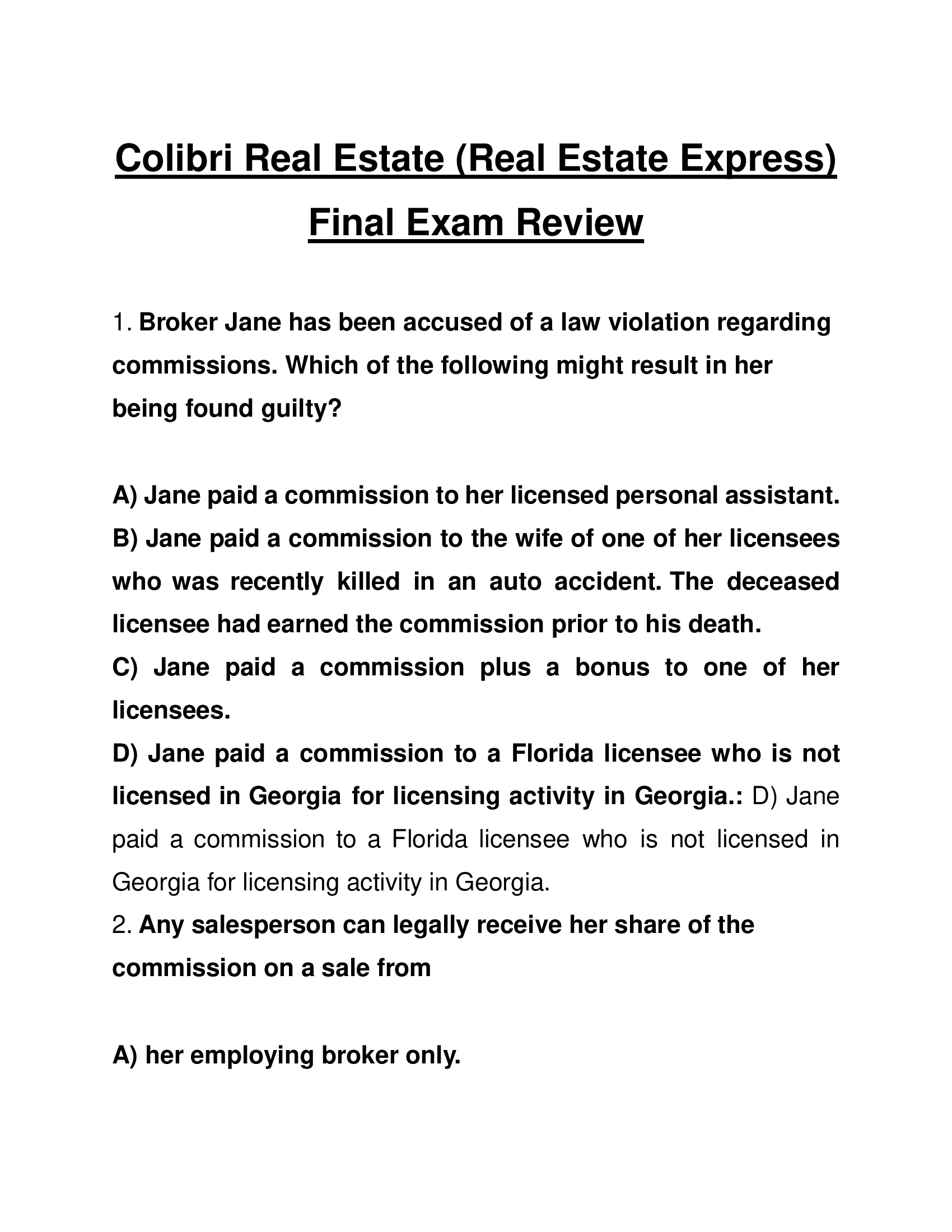 Colibri Real Estate (Real Estate Express) Final Exam Review 2025/2026