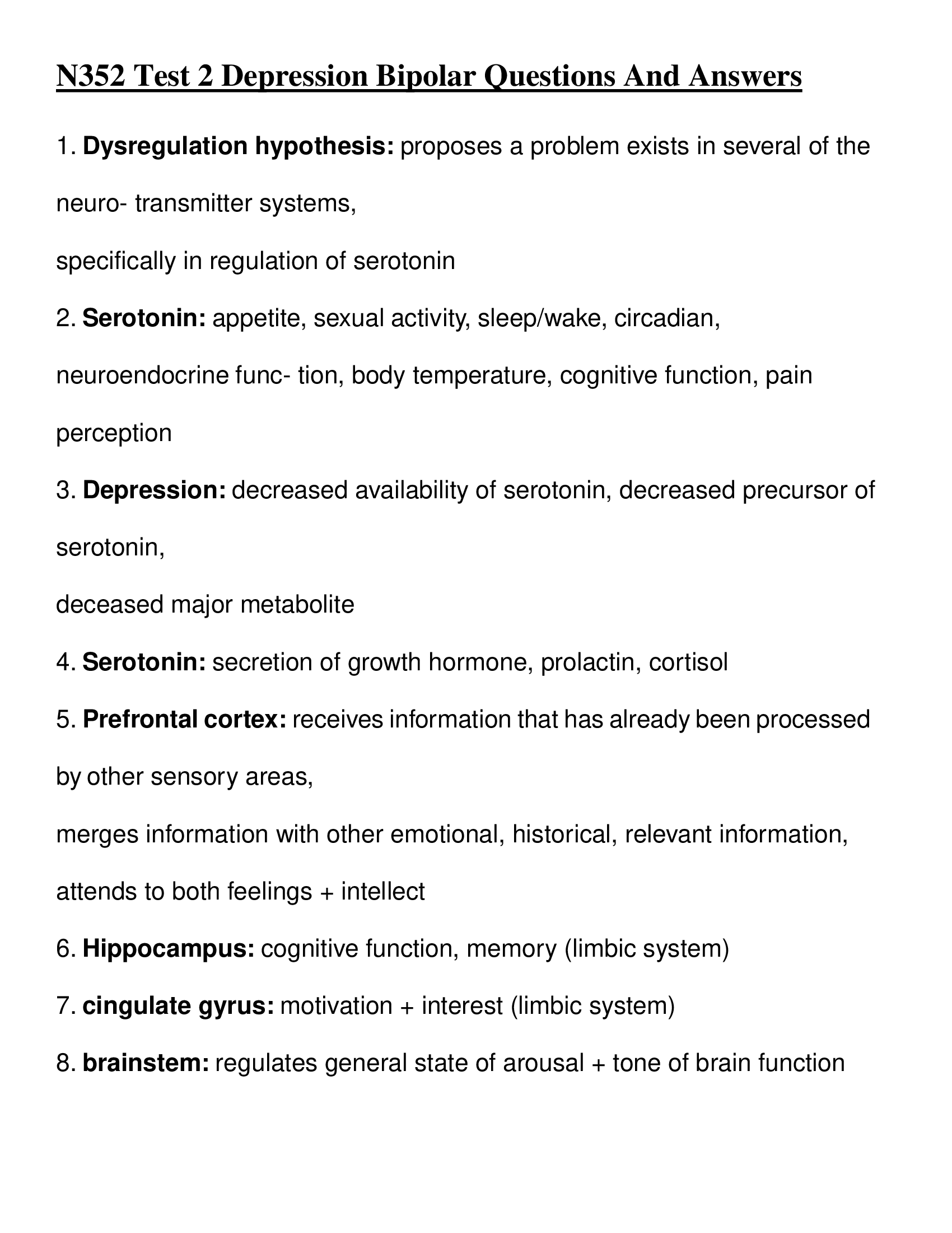 N352 Test 2 depression bipolar questions and answers 2024