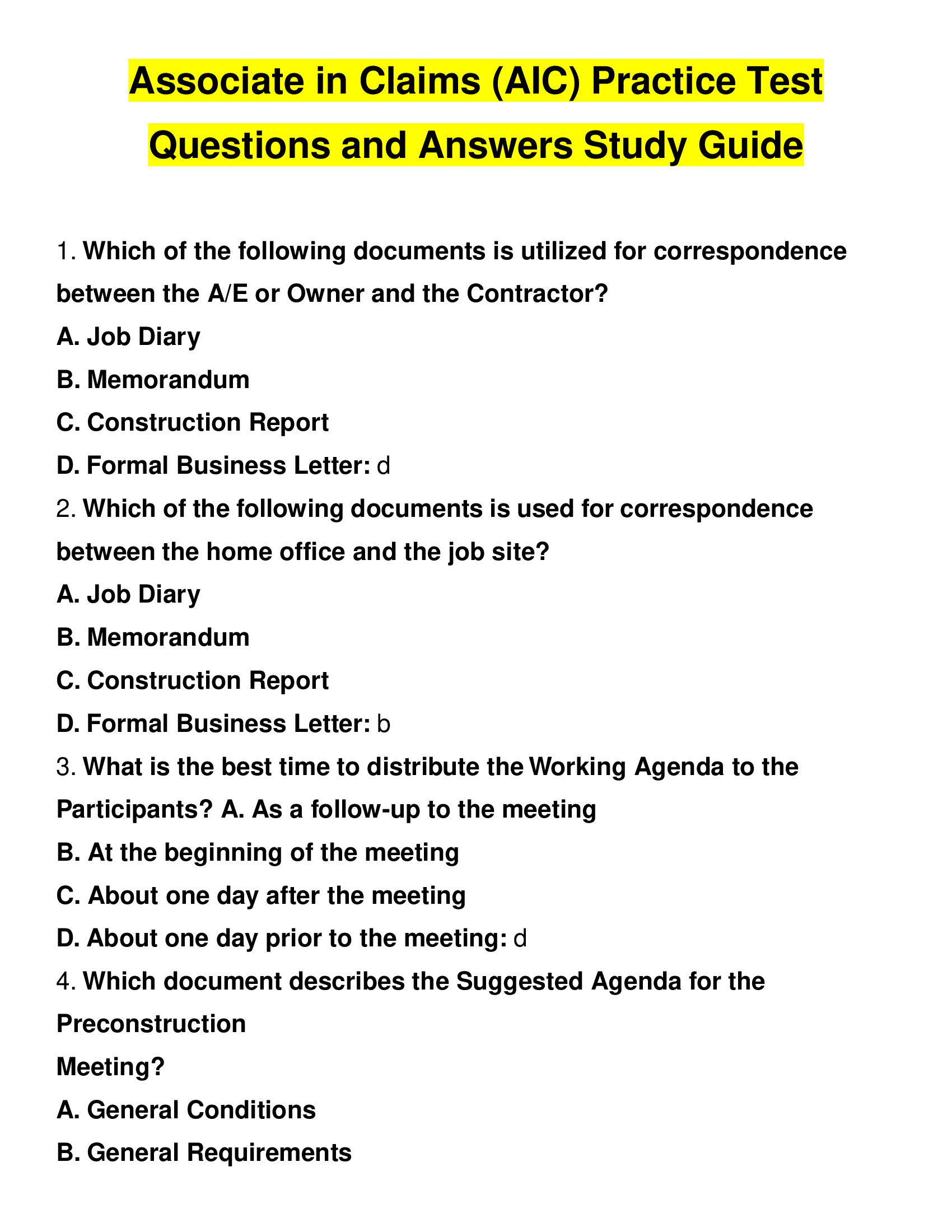 Associate in Claims (AIC) Practice Test Questions and Answers Study Guide