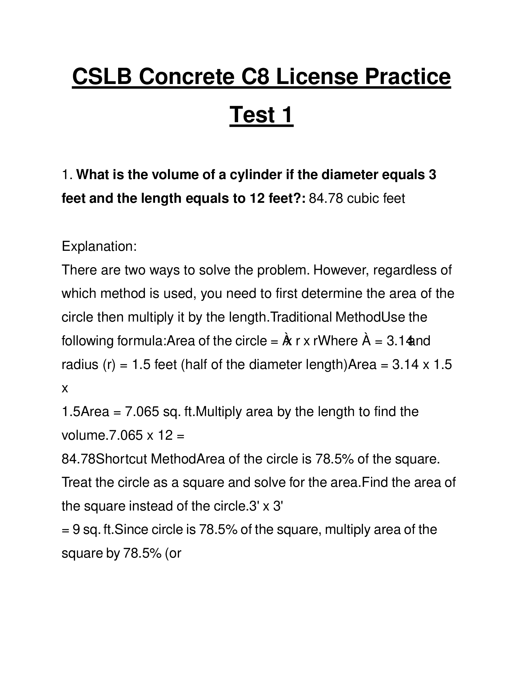 CSLB Concrete C8 License Practice Test 1 Questions and Answers 2024