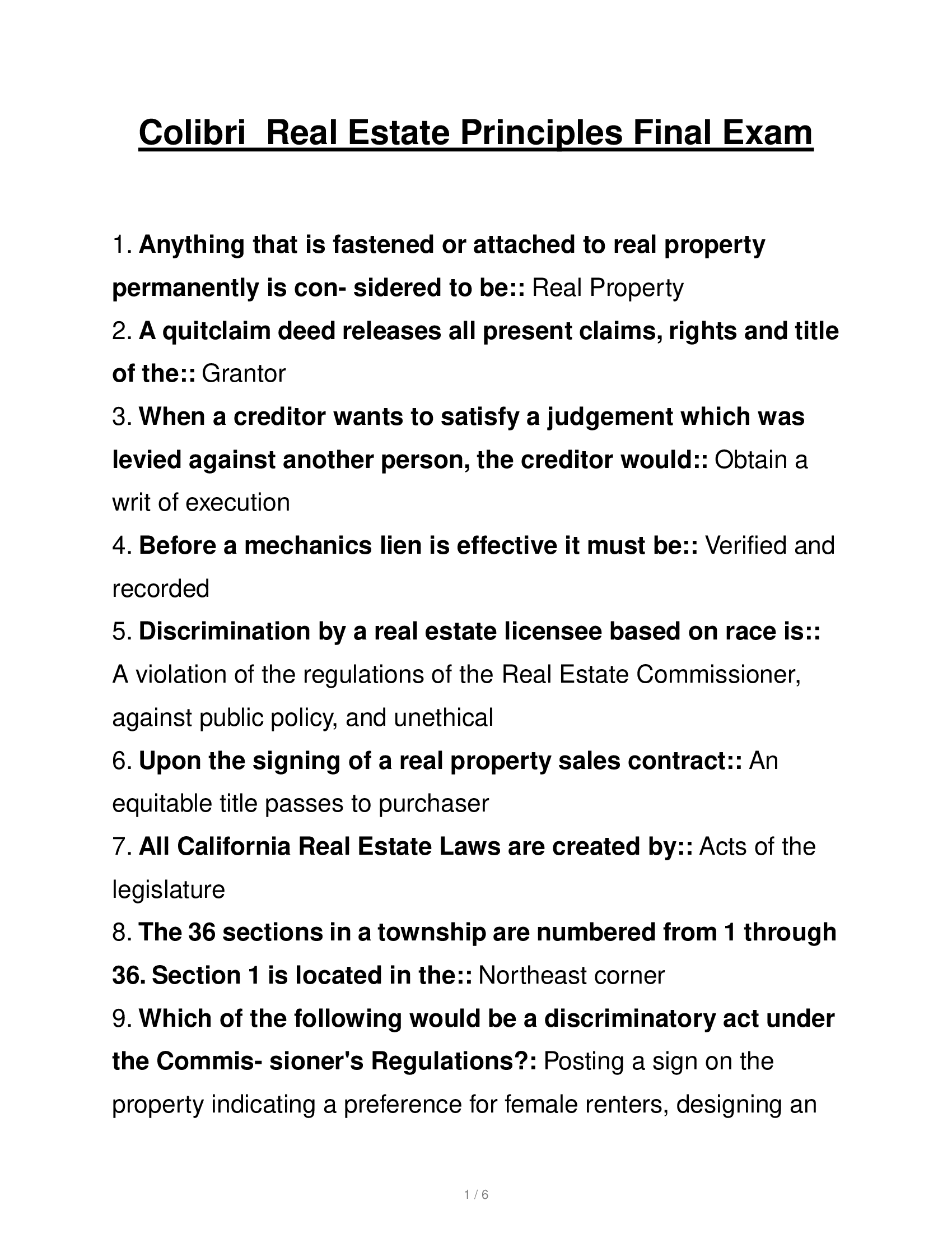 Colibri  Real Estate Principles Final Exam Questions and Answers