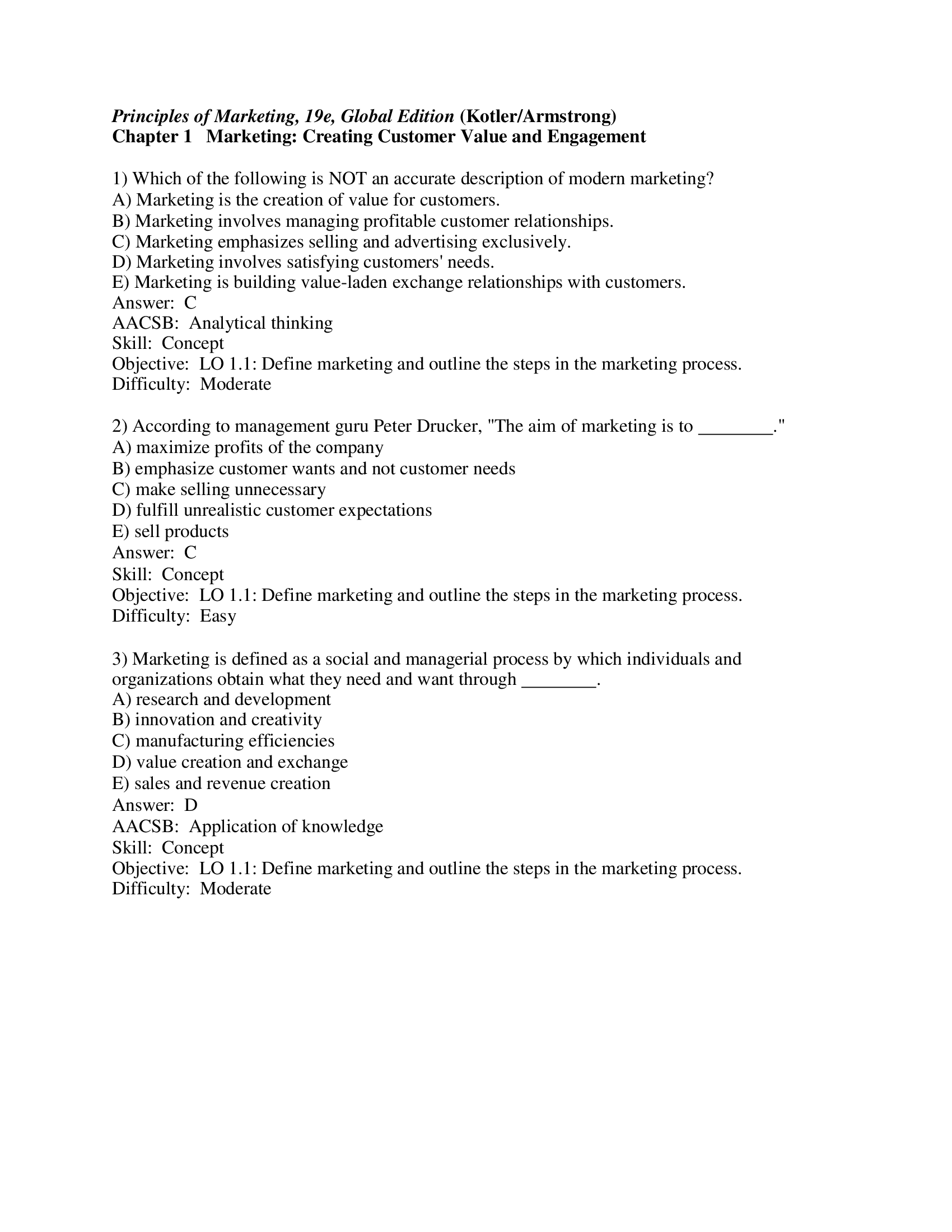 Principles of Marketing 19th Ed Free Sample Test Bank