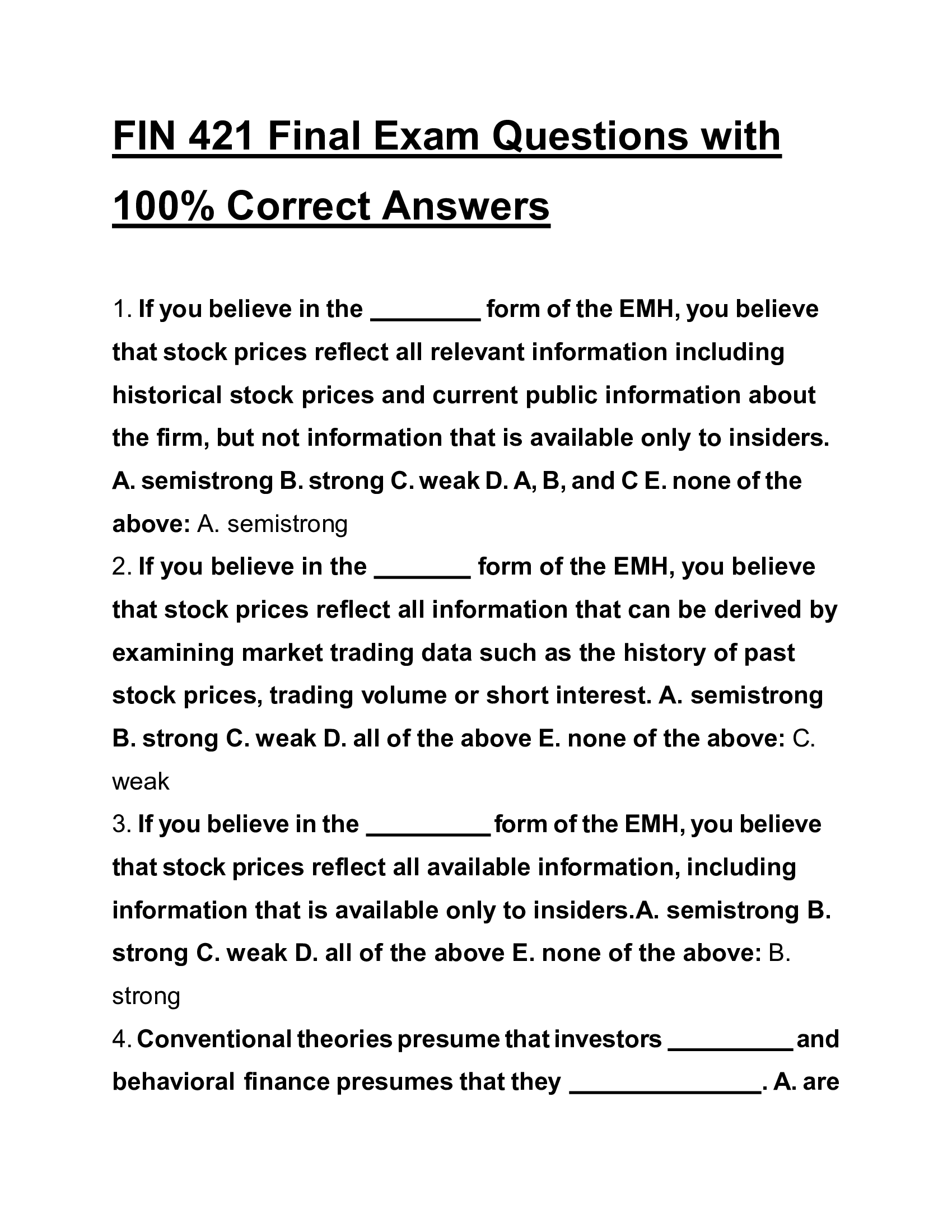 FIN 421 Final Exam Questions with 100% Correct Answers 2026