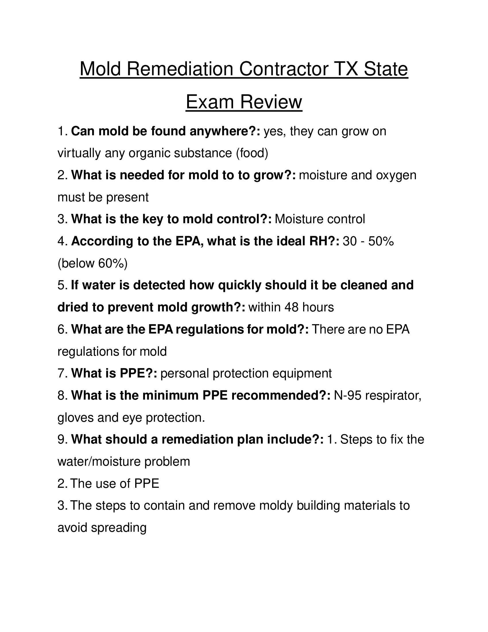 Mold Remediation Contractor TX State exam Review Best for Revision